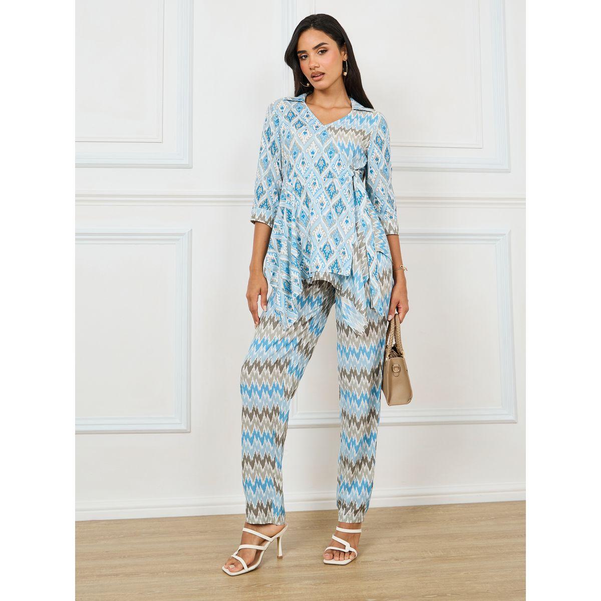 مجموعة من بنطال مع بلوزة بحافة غير متماثلة الطول-women-clothing-coordsets-image-1
