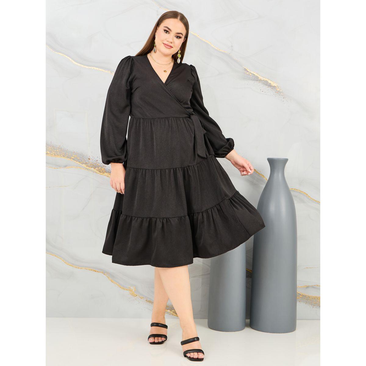 فستان ميدي سادة بمقاس كبير وكسرات-women-clothing-dresses-image-1