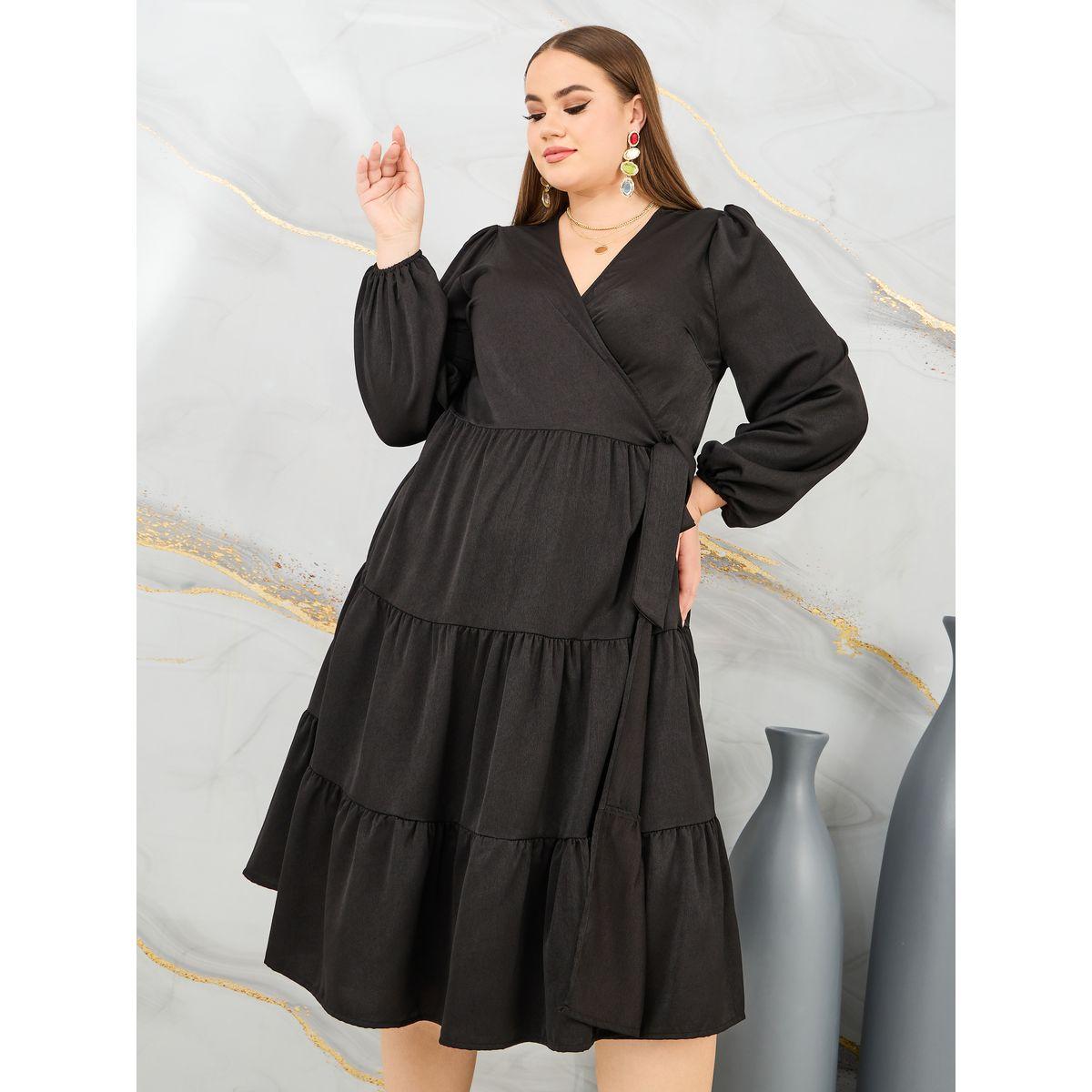 فستان ميدي سادة بمقاس كبير وكسرات-women-clothing-dresses-image-2