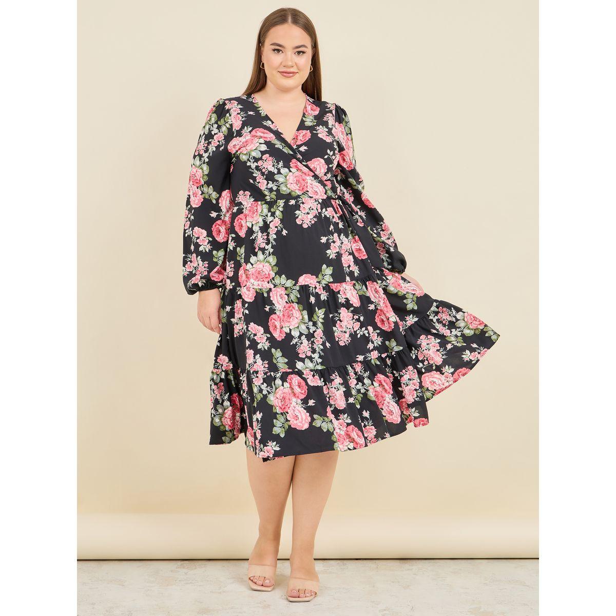 Styli Plus Floral Print Tiered Wrap Midi Dress-women-clothing-dresses-image-1