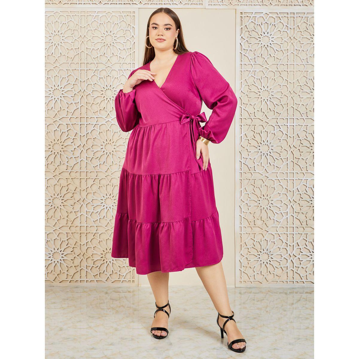 Styli Plus Solid Tiered Wrap Midi Dress-women-clothing-dresses-image-1