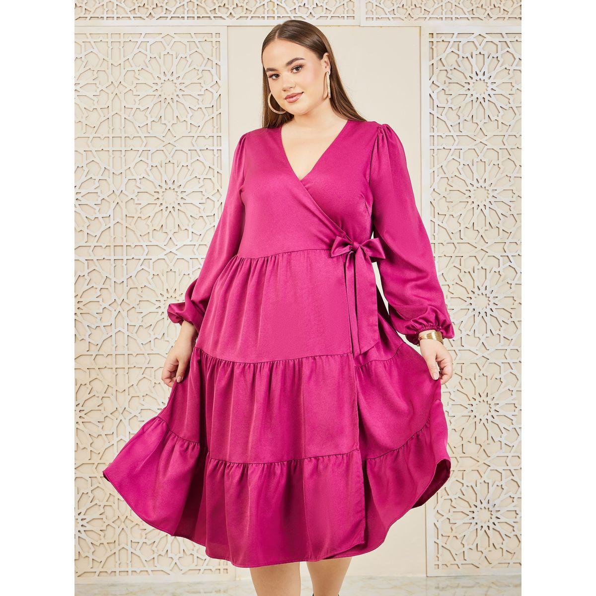 Styli Plus Solid Tiered Wrap Midi Dress-women-clothing-dresses-image-2