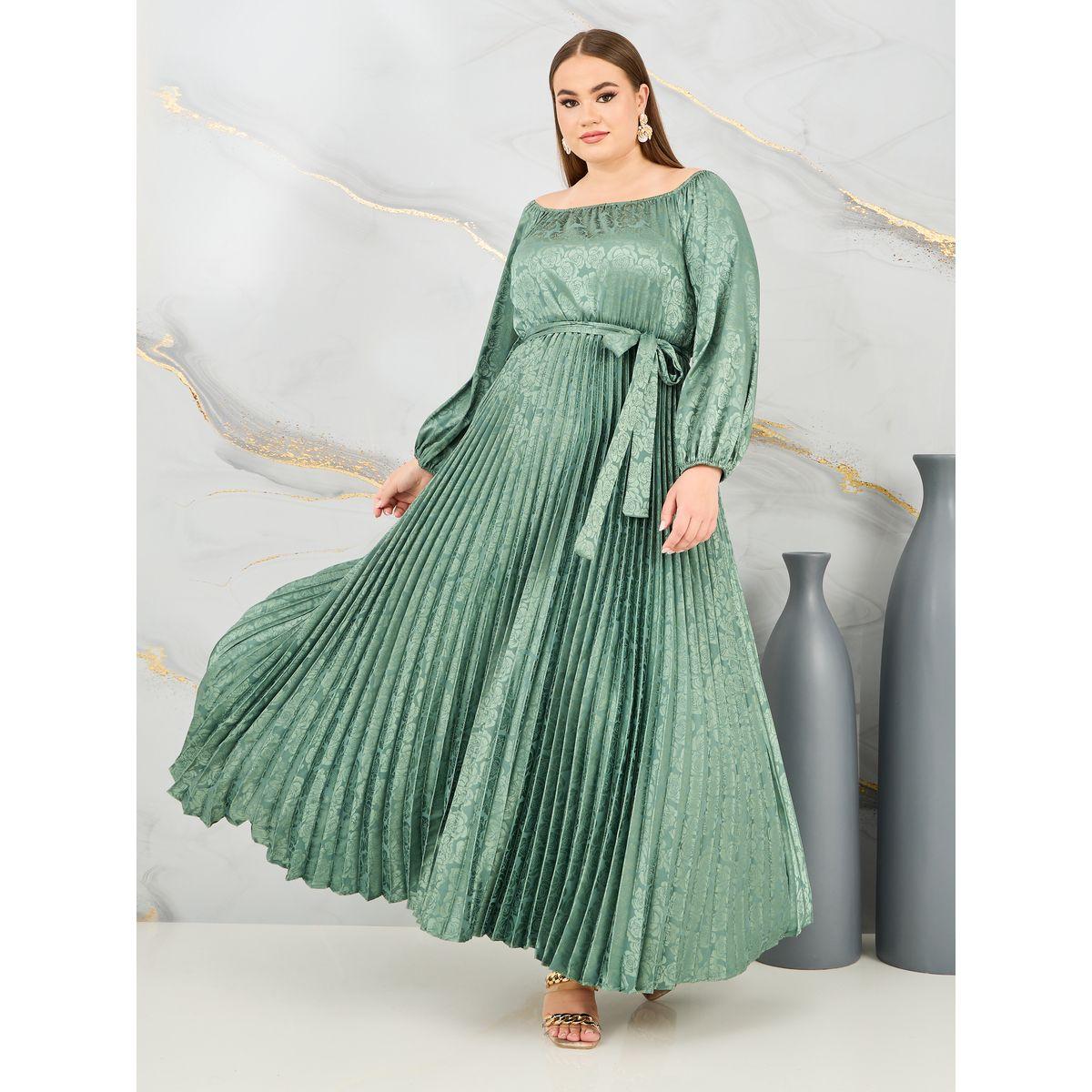 Styli Plus Satin Jacquard Print Pleated Detail Self Tie Up Maxi Dress-women-clothing-dresses-image-1