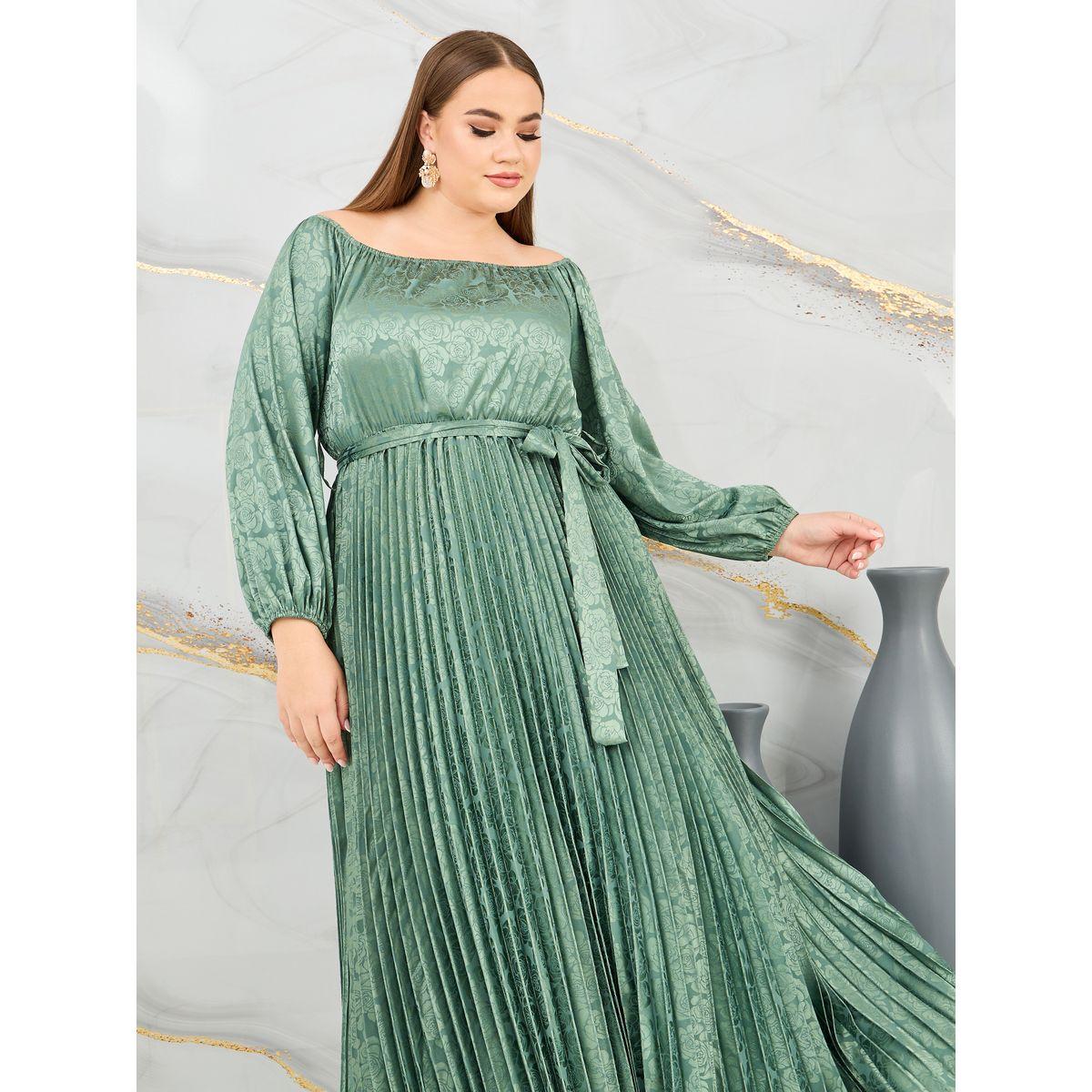 Styli Plus Satin Jacquard Print Pleated Detail Self Tie Up Maxi Dress-women-clothing-dresses-image-2