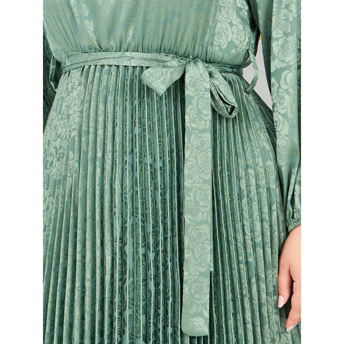 Styli Plus Satin Jacquard Print Pleated Detail Self Tie Up Maxi Dress-women-clothing-dresses-image-3