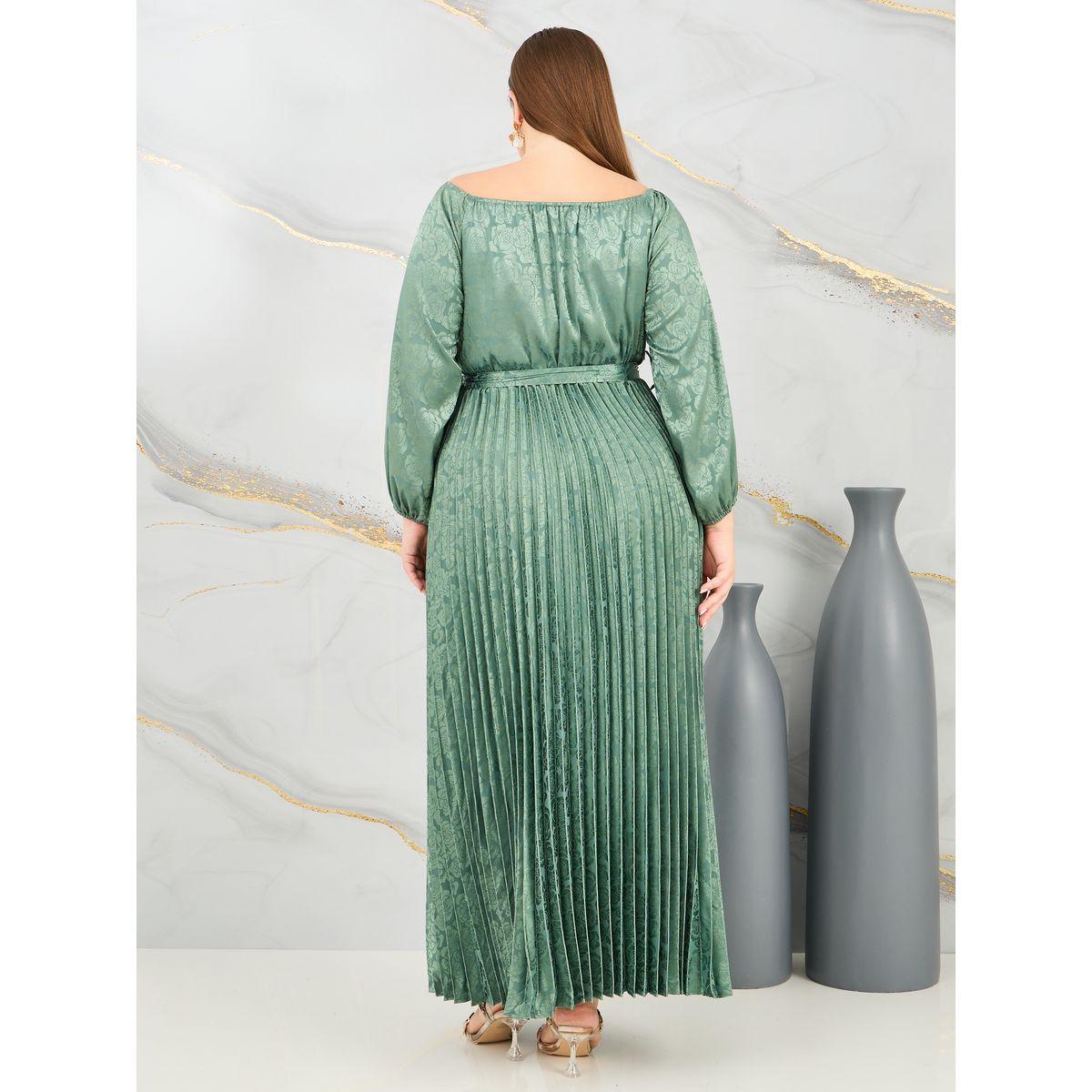 Styli Plus Satin Jacquard Print Pleated Detail Self Tie Up Maxi Dress-women-clothing-dresses-image-4