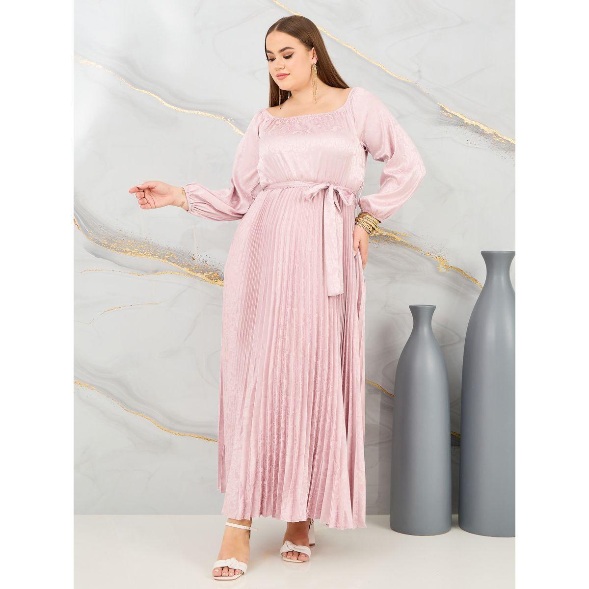 Styli Plus Satin Jacquard Print Pleated Detail Self Tie Up Maxi Dress-women-clothing-dresses-image-1
