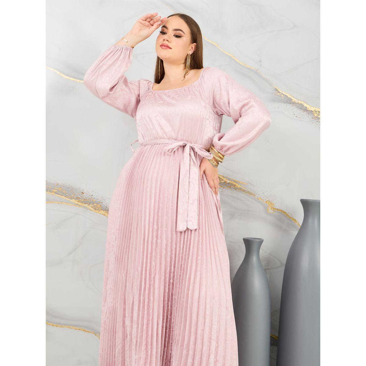 Styli Plus Satin Jacquard Print Pleated Detail Self Tie Up Maxi Dress-women-clothing-dresses-image-2
