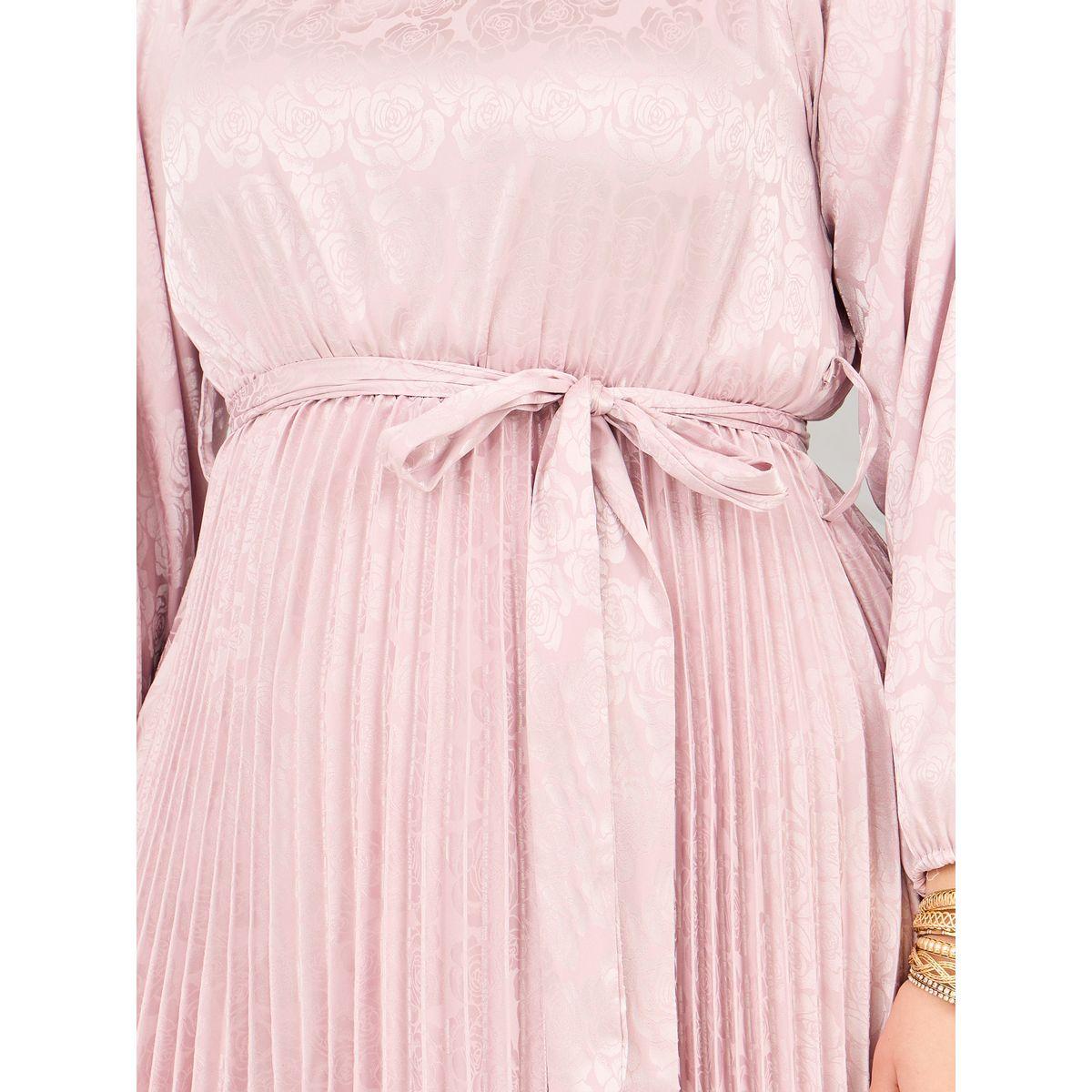 Styli Plus Satin Jacquard Print Pleated Detail Self Tie Up Maxi Dress-women-clothing-dresses-image-3