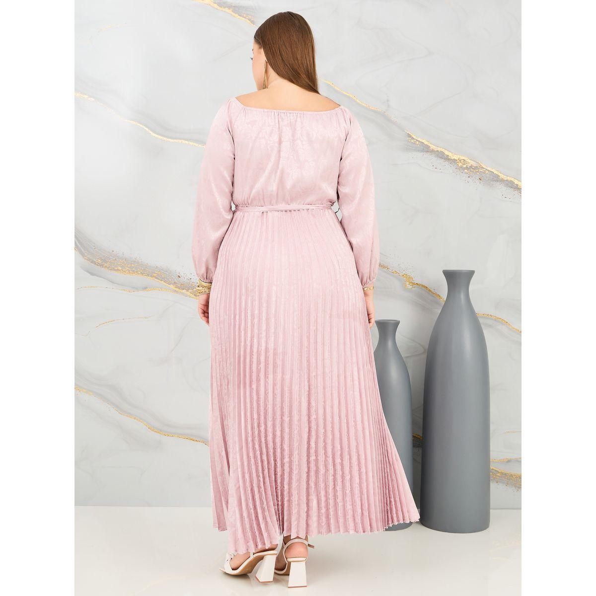 Styli Plus Satin Jacquard Print Pleated Detail Self Tie Up Maxi Dress-women-clothing-dresses-image-4
