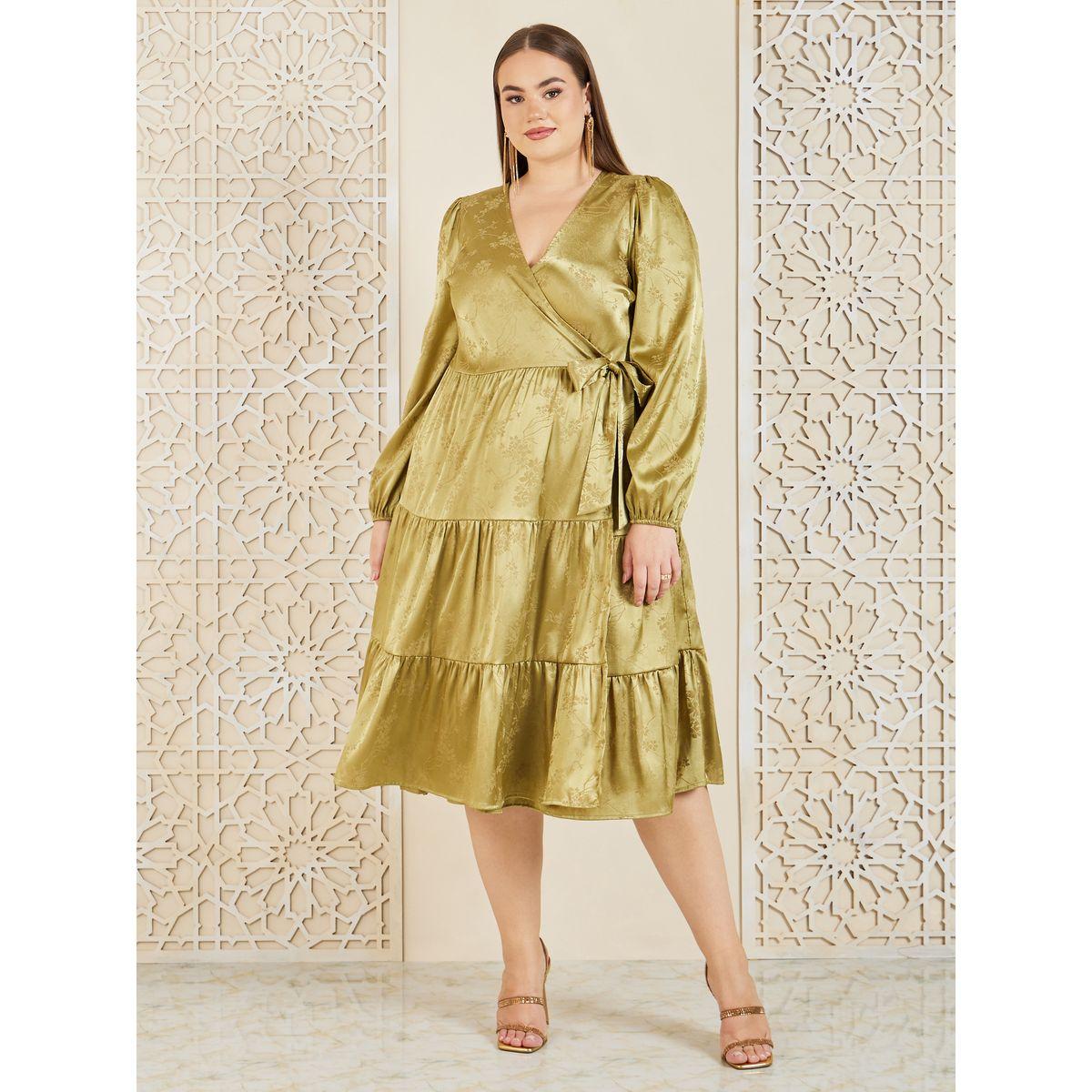 Styli Plus Satin Jacquard Print Self Tie Tiered Wrap Midi dress-women-clothing-dresses-image-1