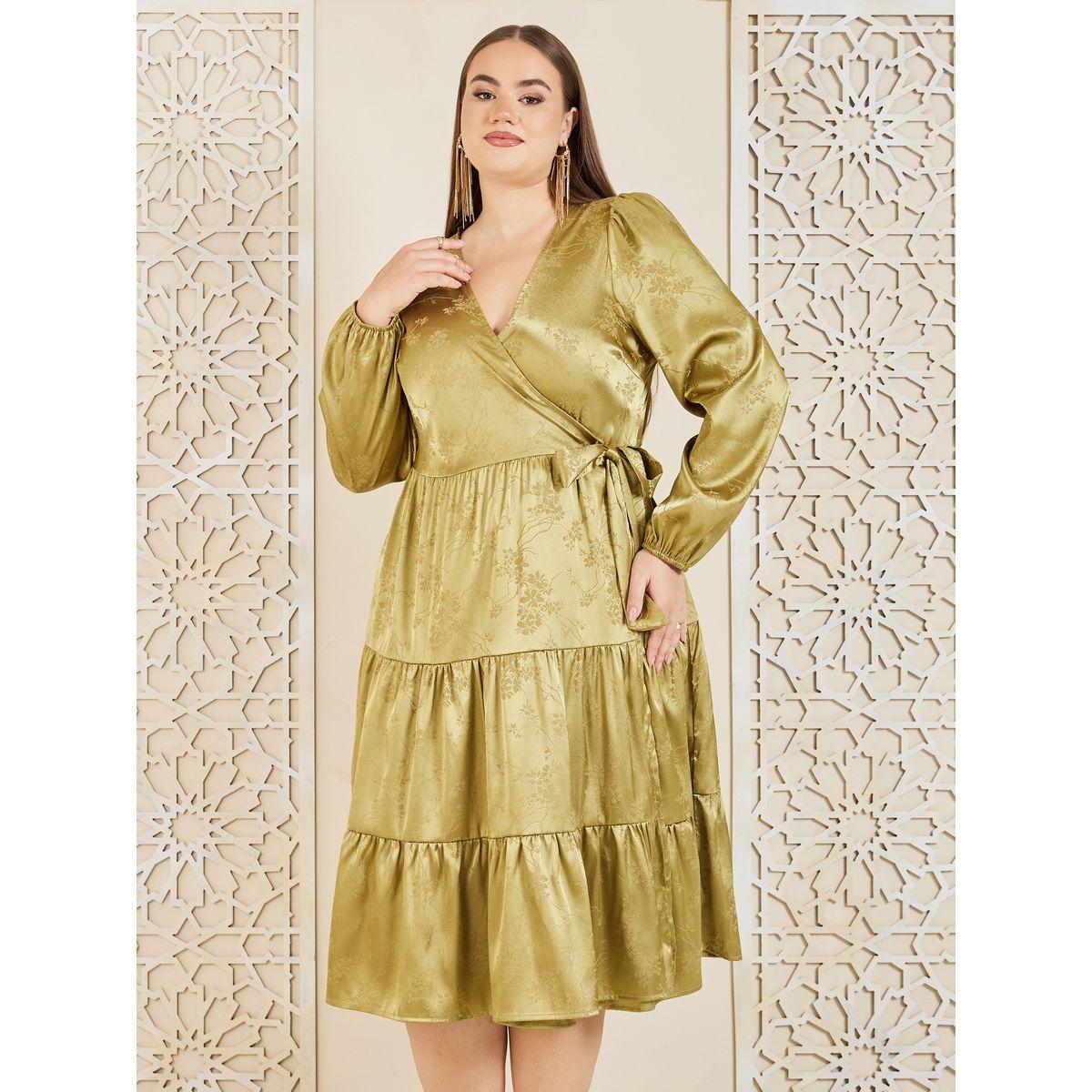 Styli Plus Satin Jacquard Print Self Tie Tiered Wrap Midi dress-women-clothing-dresses-image-2