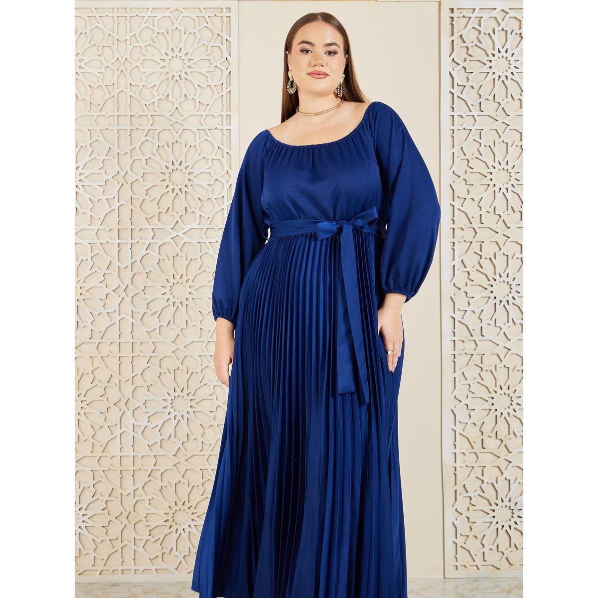 Styli Plus Satin Accordion Pleats Self Tie Up A-Line Maxi Dress-women-clothing-dresses-image-2