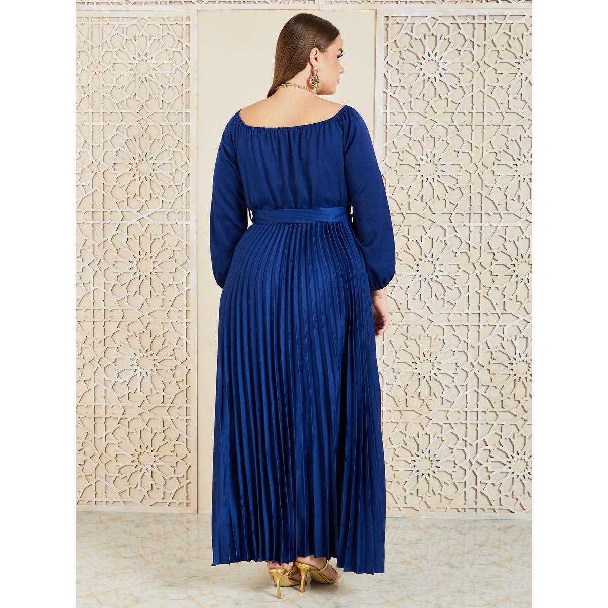 Styli Plus Satin Accordion Pleats Self Tie Up A-Line Maxi Dress-women-clothing-dresses-image-4