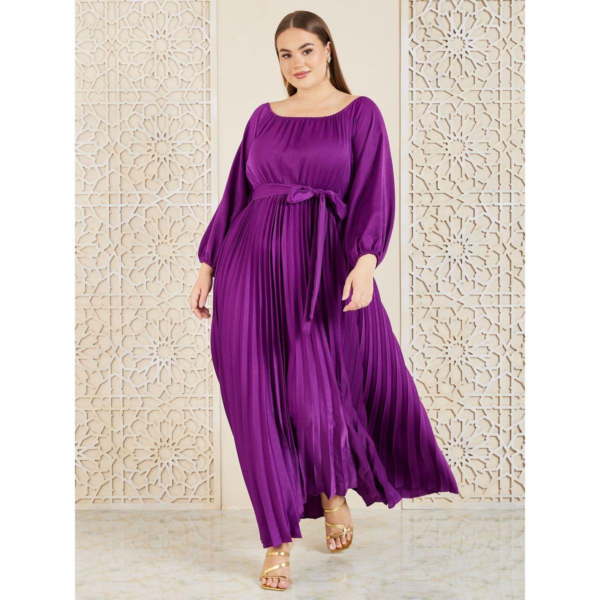 Styli Plus Satin Accordion Pleats Self Tie Up A-Line Maxi Dress-women-clothing-dresses-image-1
