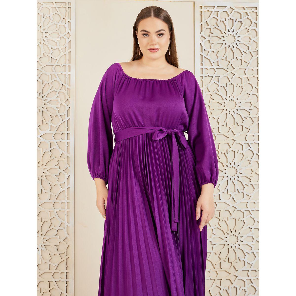 Styli Plus Satin Accordion Pleats Self Tie Up A-Line Maxi Dress-women-clothing-dresses-image-2
