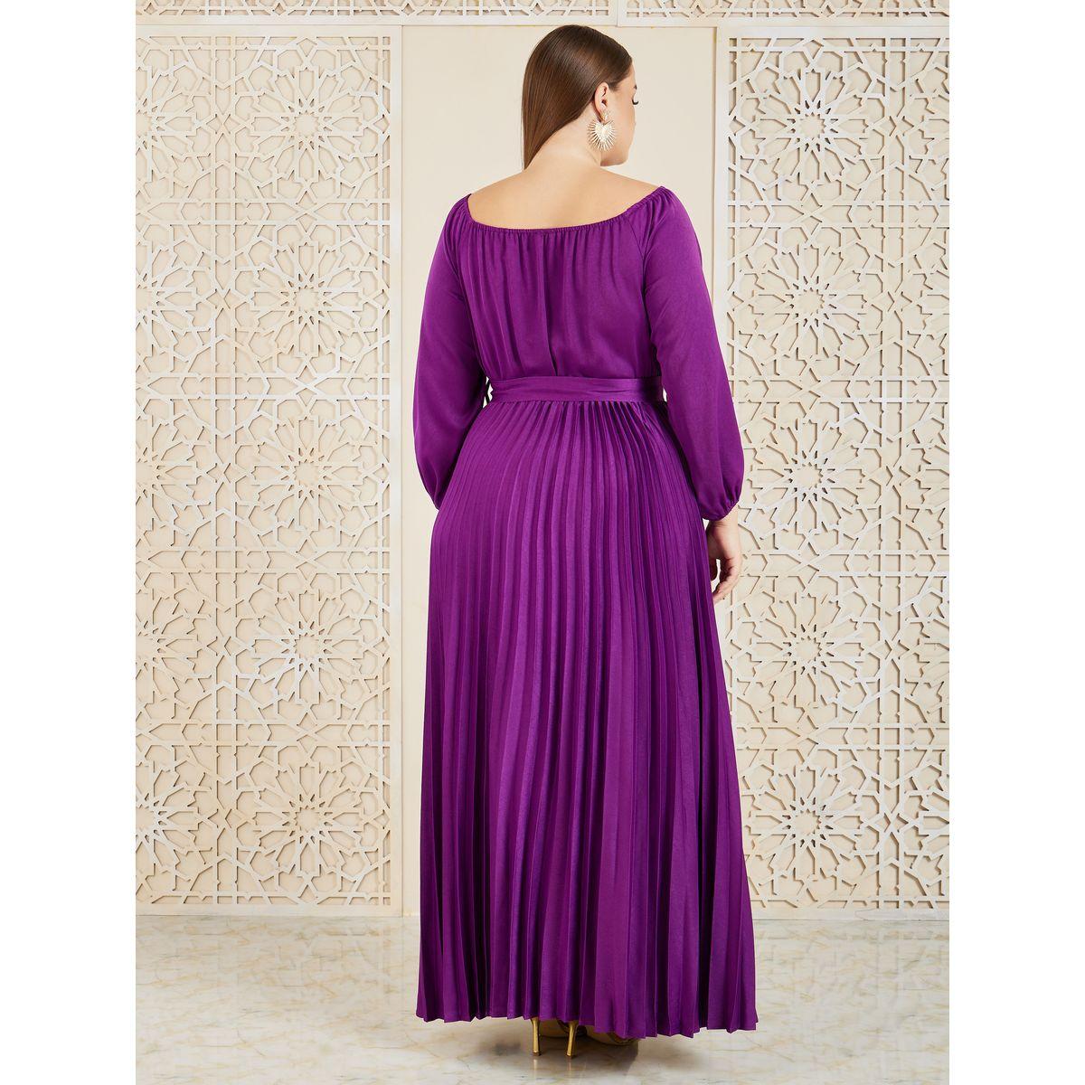 Styli Plus Satin Accordion Pleats Self Tie Up A-Line Maxi Dress-women-clothing-dresses-image-4