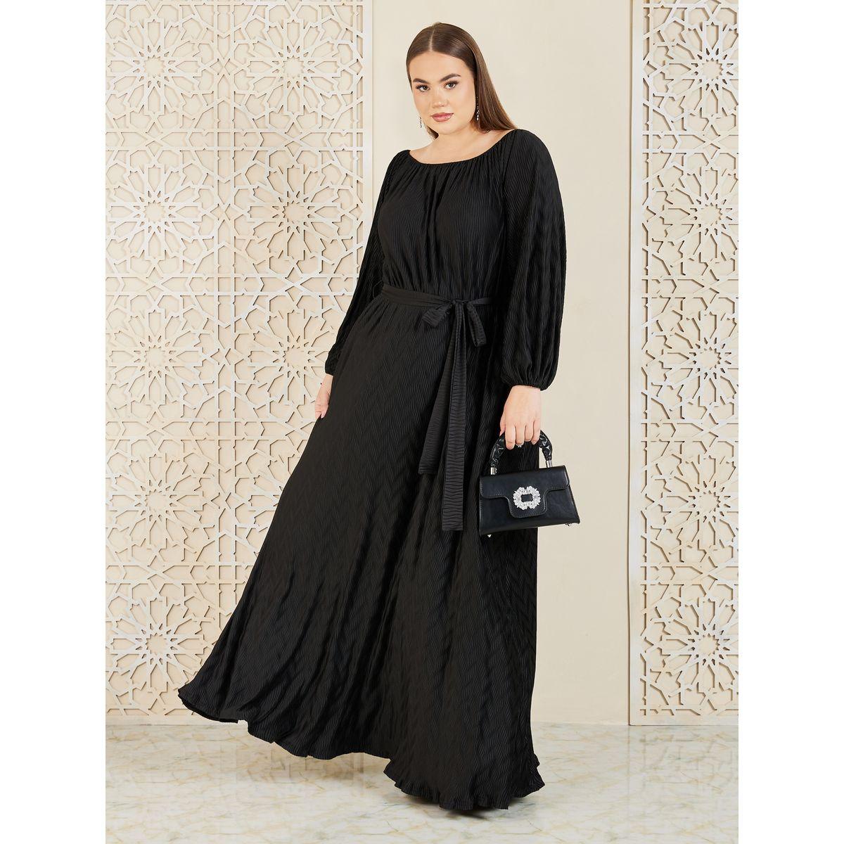 Styli Plus Satin Plisse Textured A-Line Maxi Dress with Self Tie Up-women-clothing-dresses-image-1