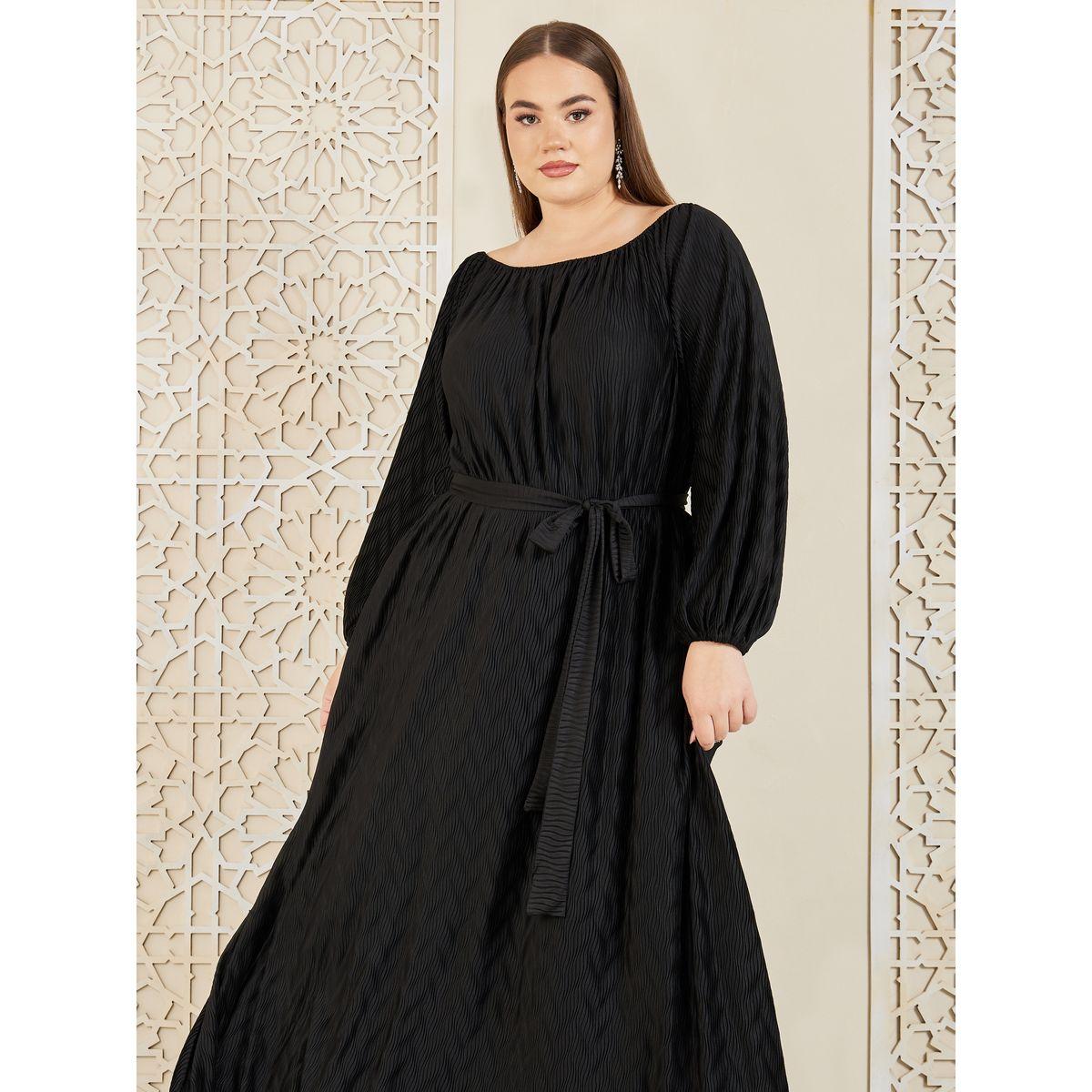 Styli Plus Satin Plisse Textured A-Line Maxi Dress with Self Tie Up-women-clothing-dresses-image-2