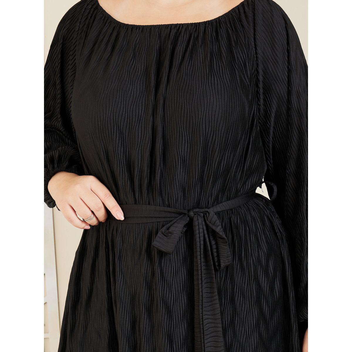 Styli Plus Satin Plisse Textured A-Line Maxi Dress with Self Tie Up-women-clothing-dresses-image-3