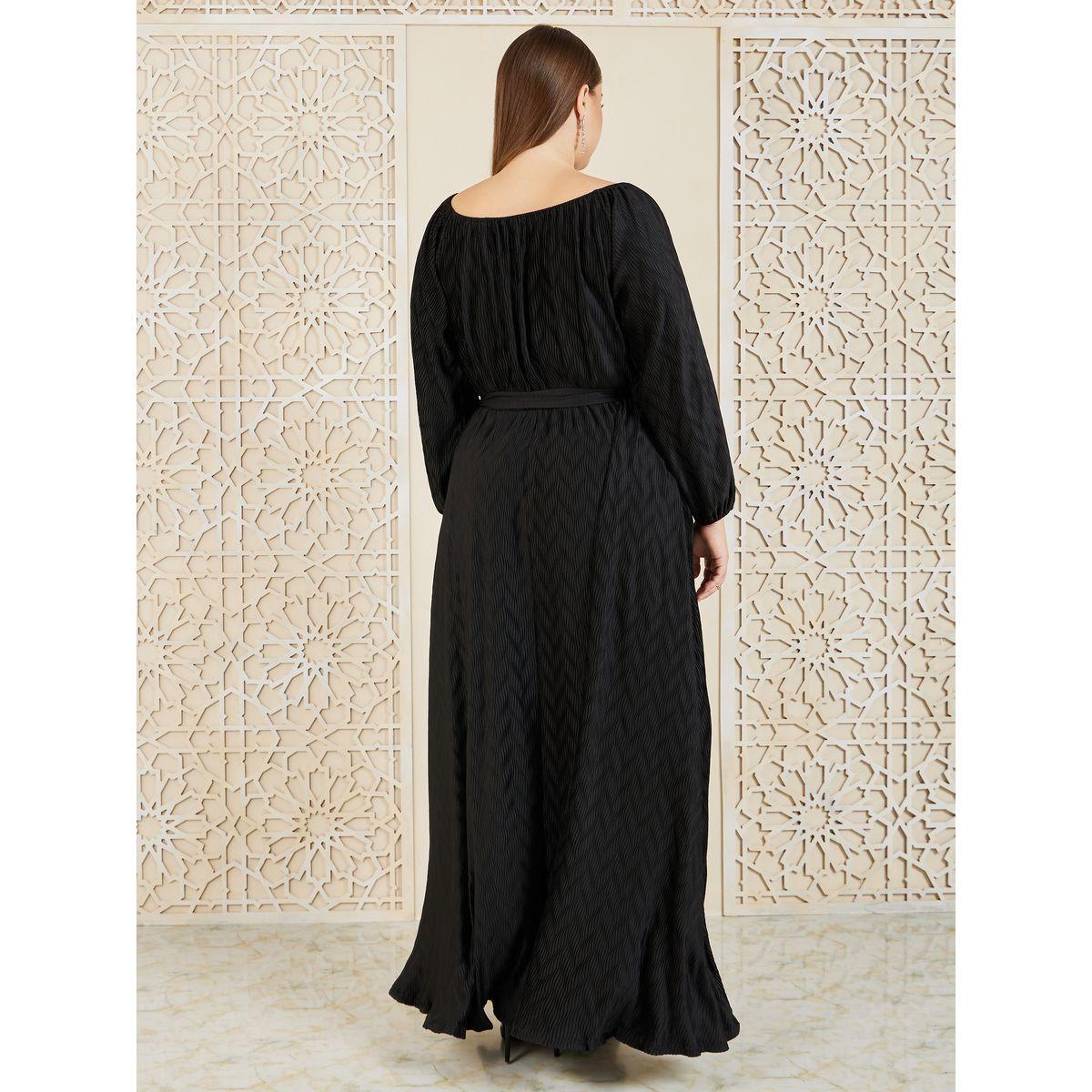Styli Plus Satin Plisse Textured A-Line Maxi Dress with Self Tie Up-women-clothing-dresses-image-4
