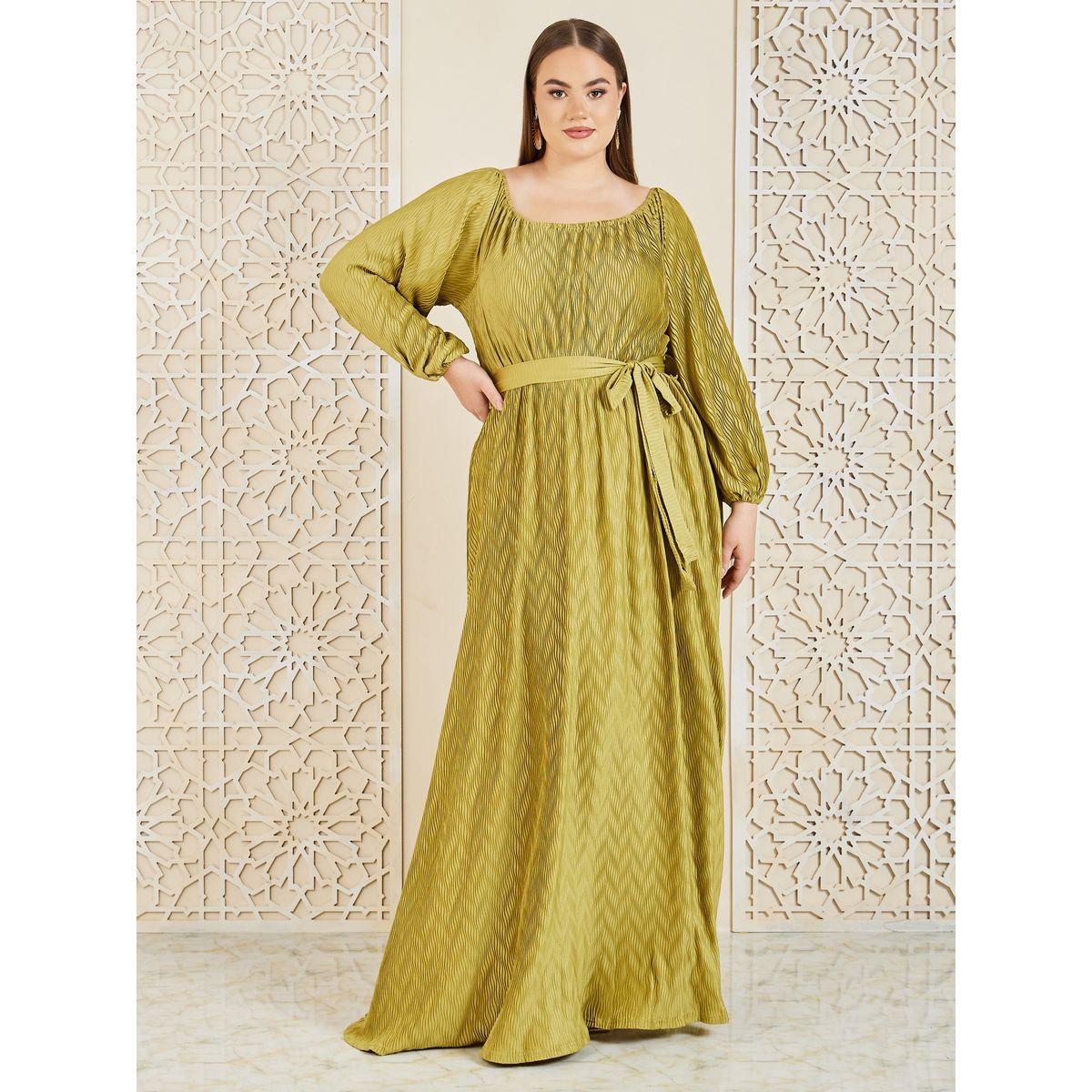 Styli Plus Satin Plisse Textured A-Line Maxi Dress with Self Tie Up-women-clothing-dresses-image-1