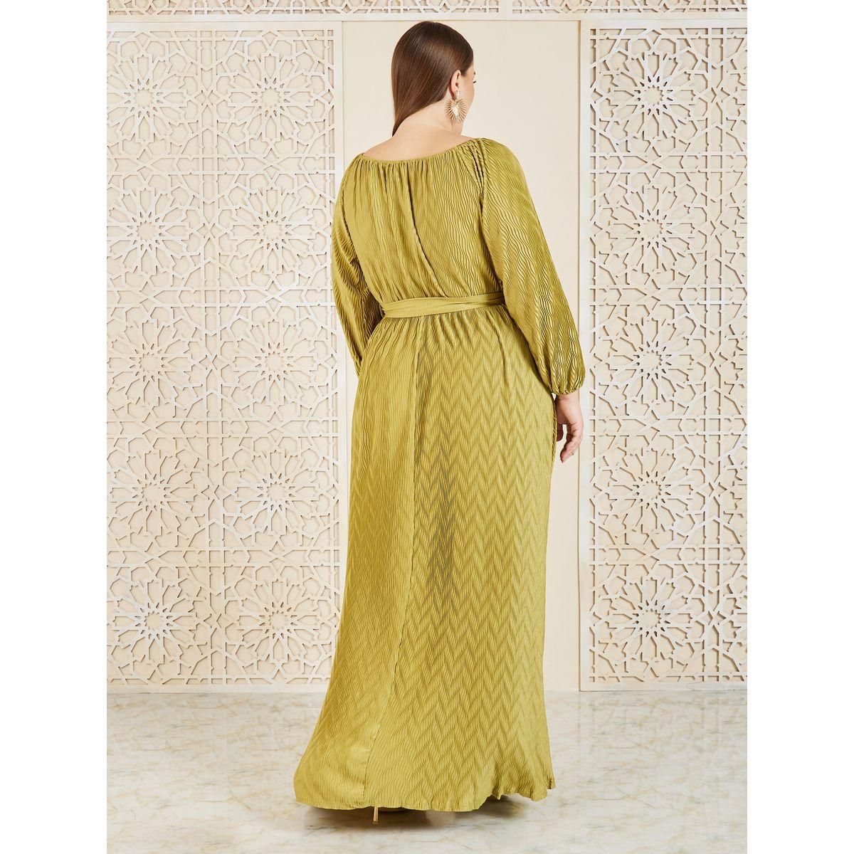 Styli Plus Satin Plisse Textured A-Line Maxi Dress with Self Tie Up-women-clothing-dresses-image-4