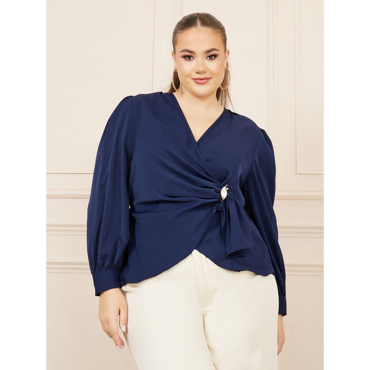 Styli Plus Solid Metal Buckle Detail Wrap Top-women-clothing-shirtsandblouses-blouses-image-1