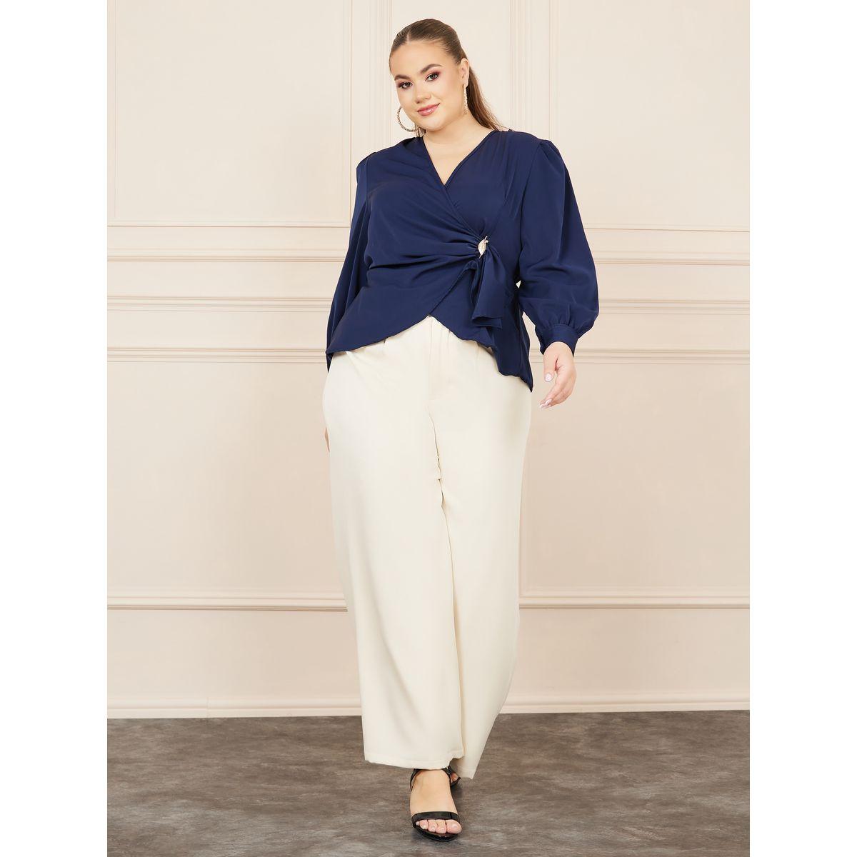 Styli Plus Solid Metal Buckle Detail Wrap Top-women-clothing-shirtsandblouses-blouses-image-2