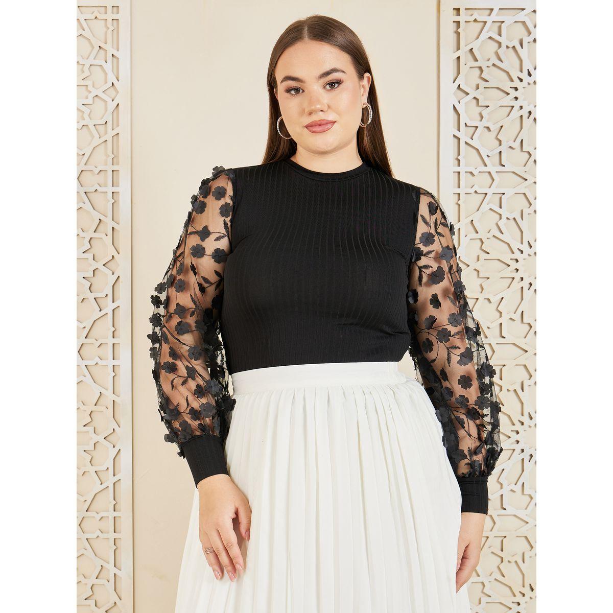 Styli Plus Floral Applique Sheer Sleeves Knit Top-women-clothing-shirtsandblouses-blouses-image-1