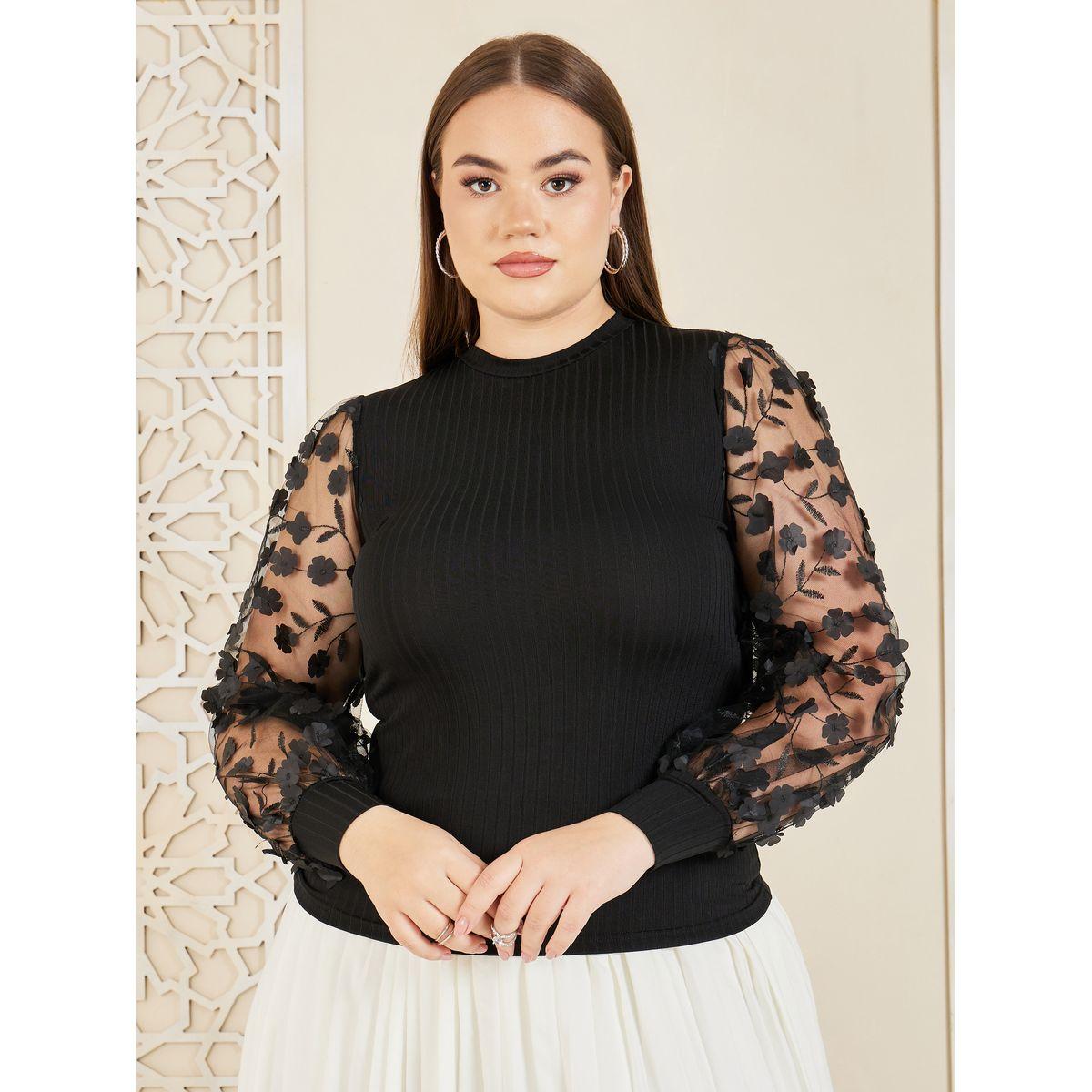 Styli Plus Floral Applique Sheer Sleeves Knit Top-women-clothing-shirtsandblouses-blouses-image-2