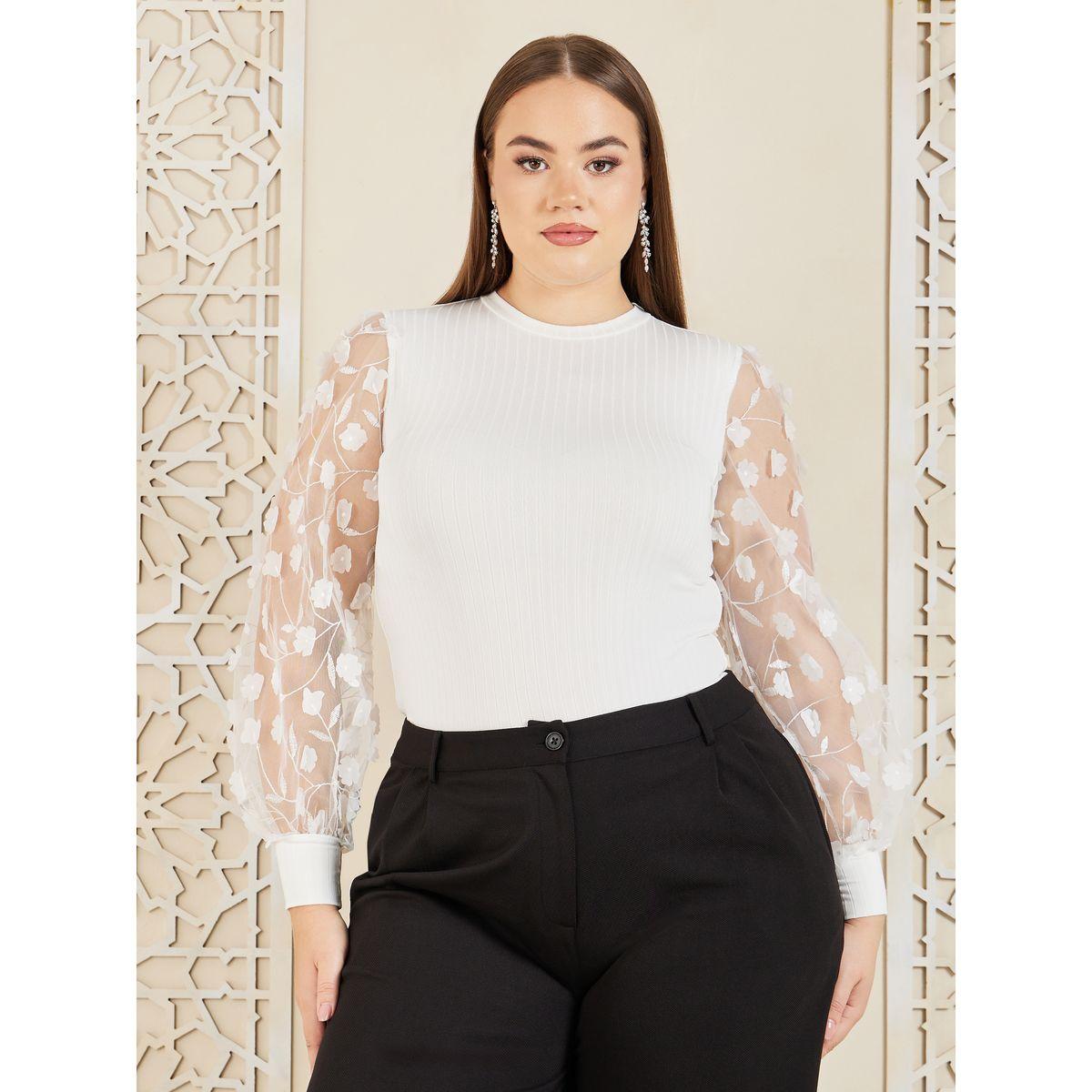 Styli Plus Floral Applique Sheer Sleeves Knit Top-women-clothing-shirtsandblouses-blouses-image-1