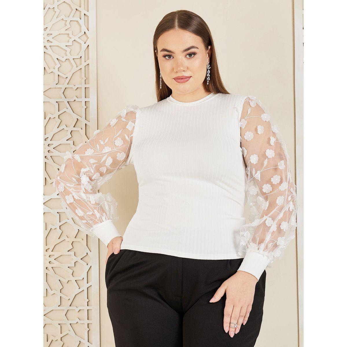 Styli Plus Floral Applique Sheer Sleeves Knit Top-women-clothing-shirtsandblouses-blouses-image-2