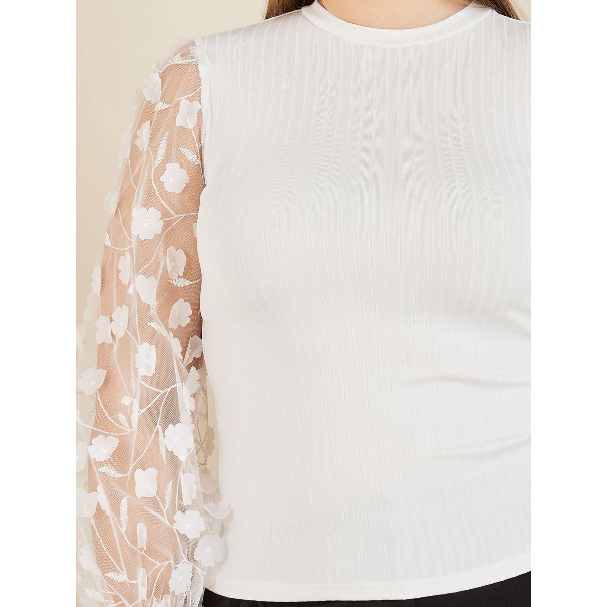 Styli Plus Floral Applique Sheer Sleeves Knit Top-women-clothing-shirtsandblouses-blouses-image-4