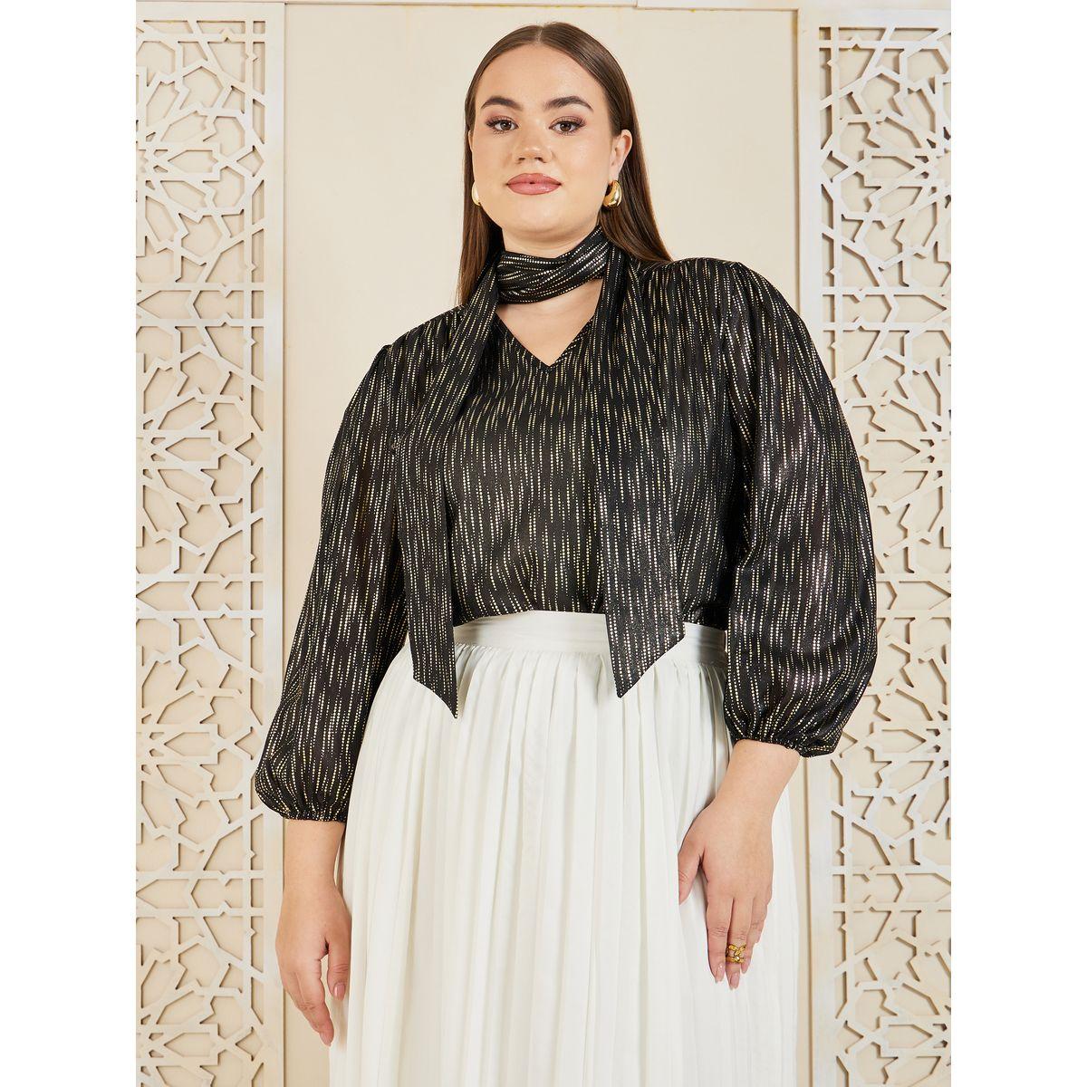 Styli Plus Tie Up Neck Striped Blouse-women-clothing-shirtsandblouses-blouses-image-1