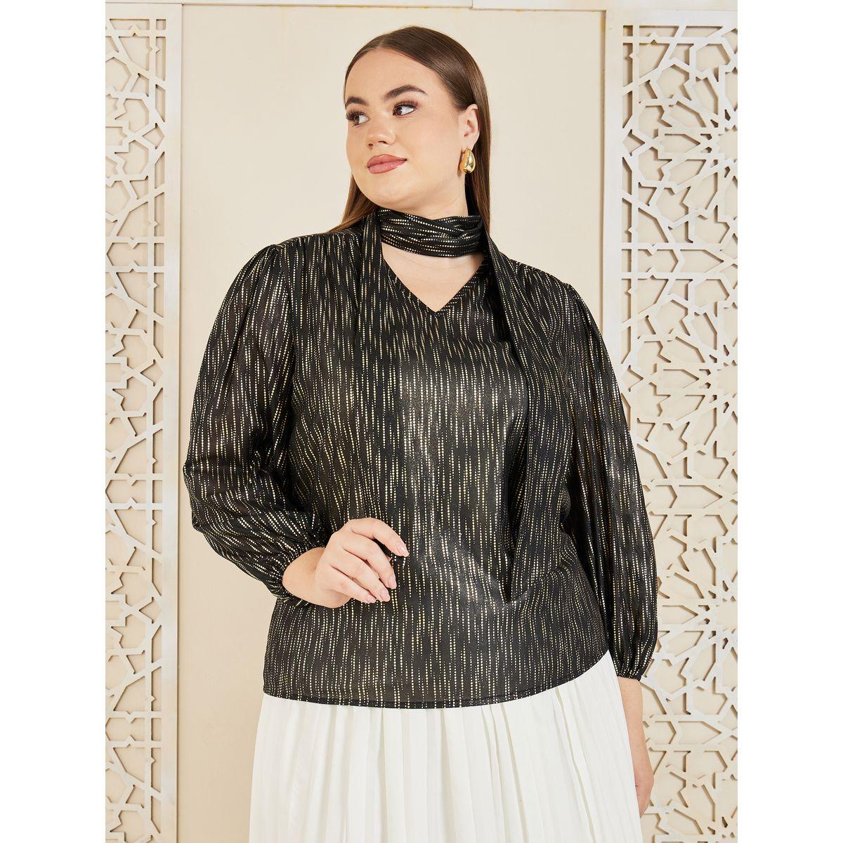 بلوزة مخططة بمقاس كبير وياقة بأربطة-women-clothing-shirtsandblouses-blouses-image-2