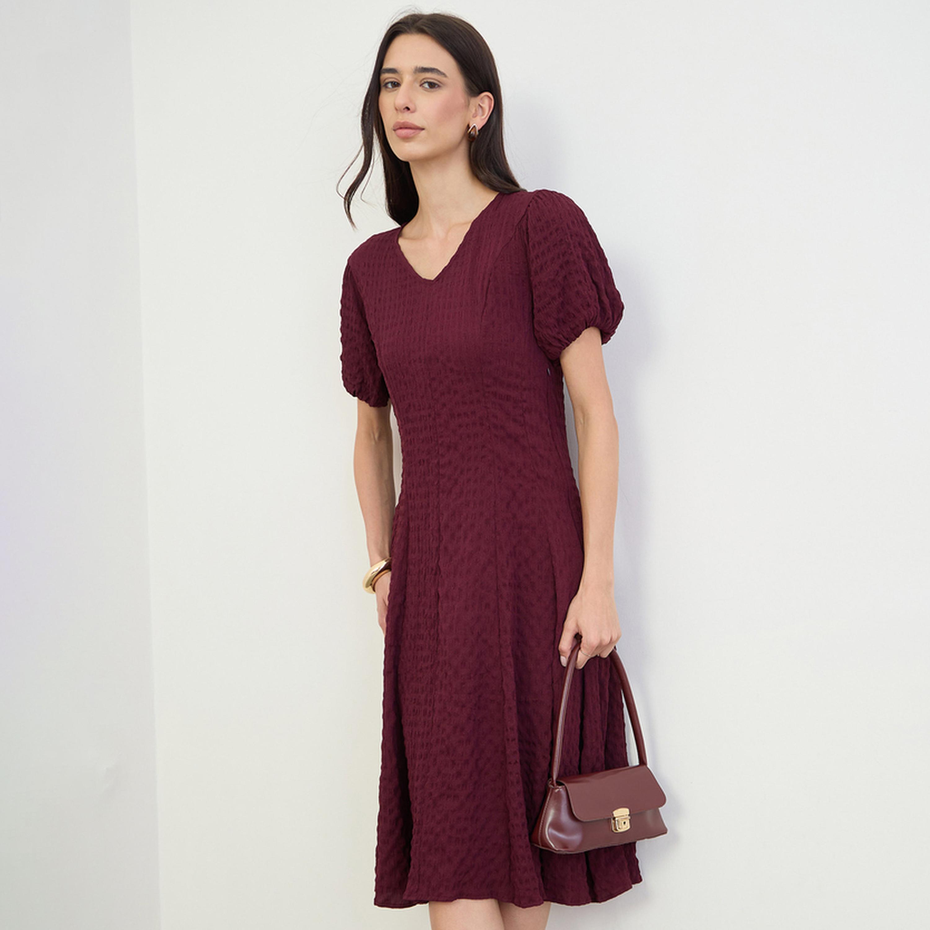 Styli Burgundy Textured A-Line Midi Dress-women-clothing-dresses-image-1