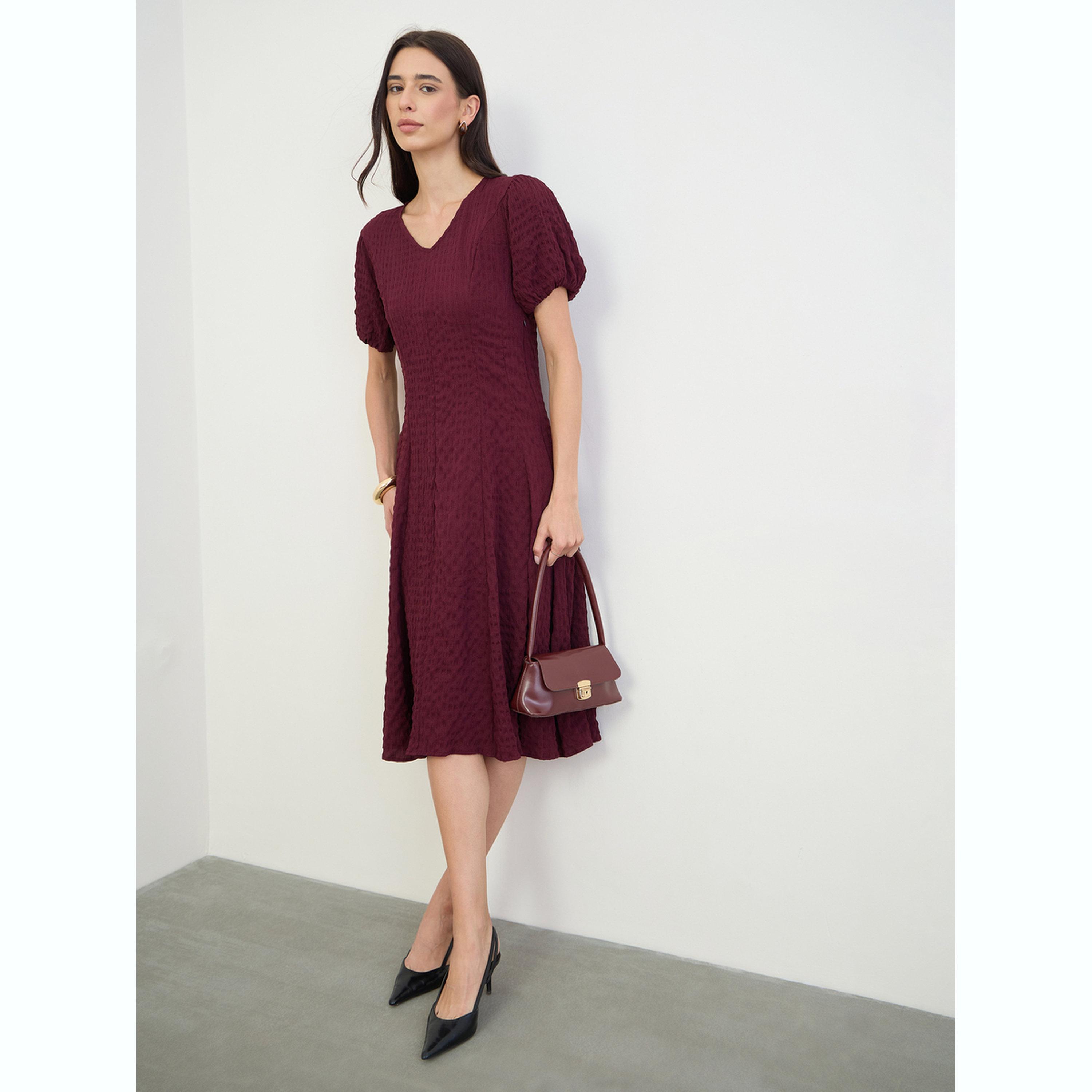 Styli Burgundy Textured A-Line Midi Dress-women-clothing-dresses-image-2
