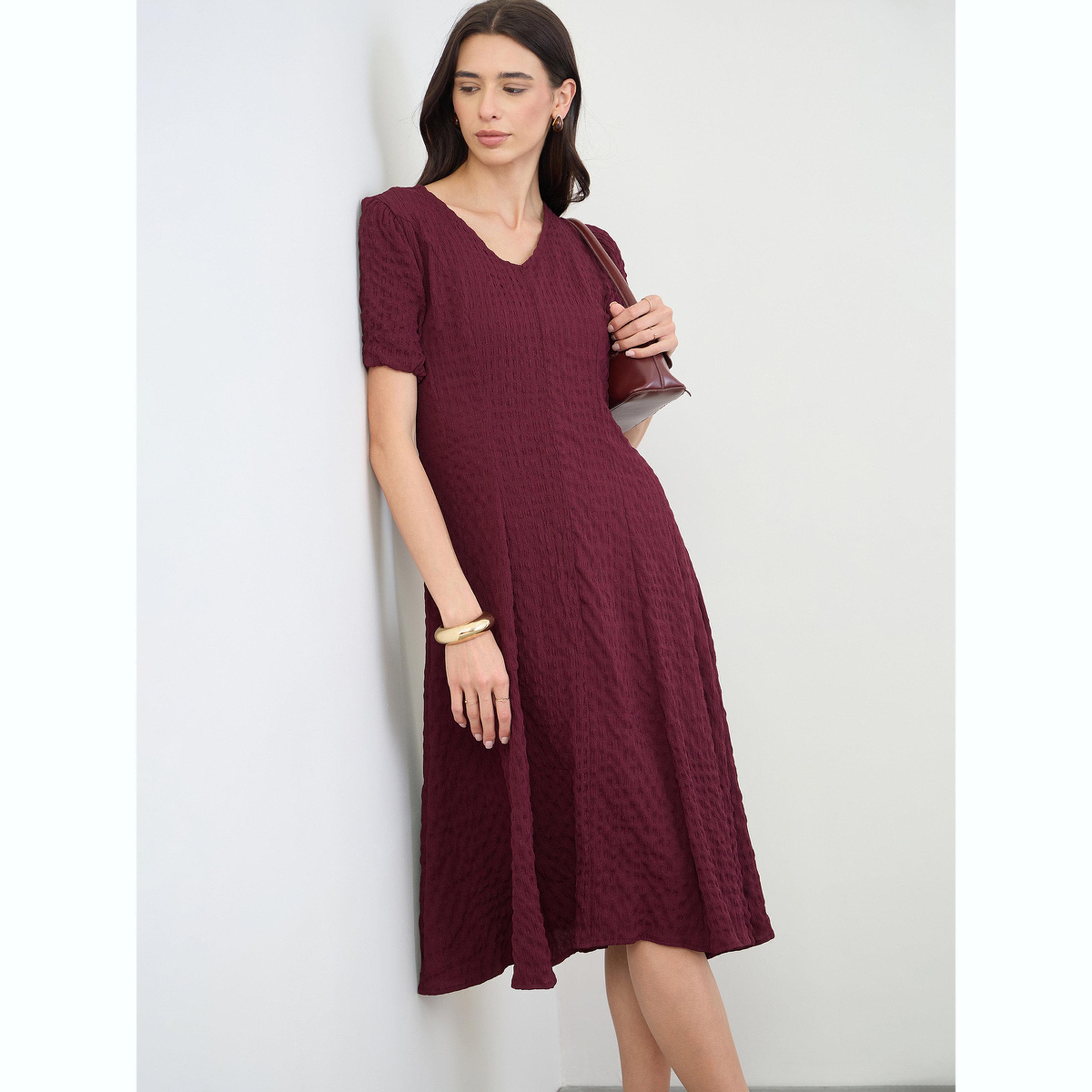 Styli Burgundy Textured A-Line Midi Dress-women-clothing-dresses-image-3