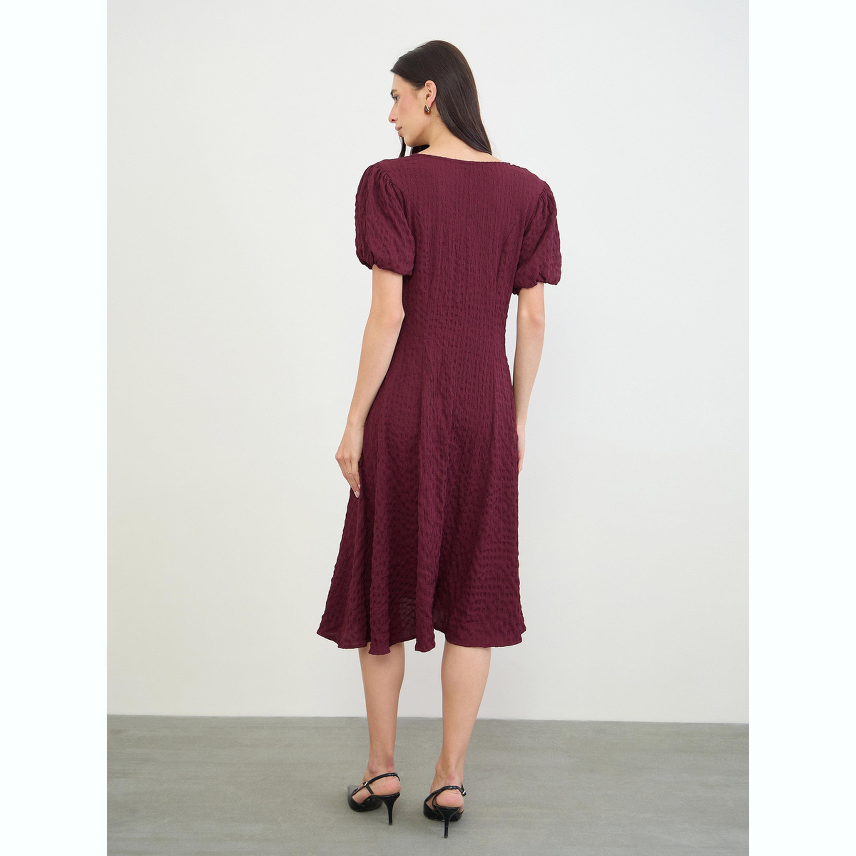 Styli Burgundy Textured A-Line Midi Dress-women-clothing-dresses-image-4