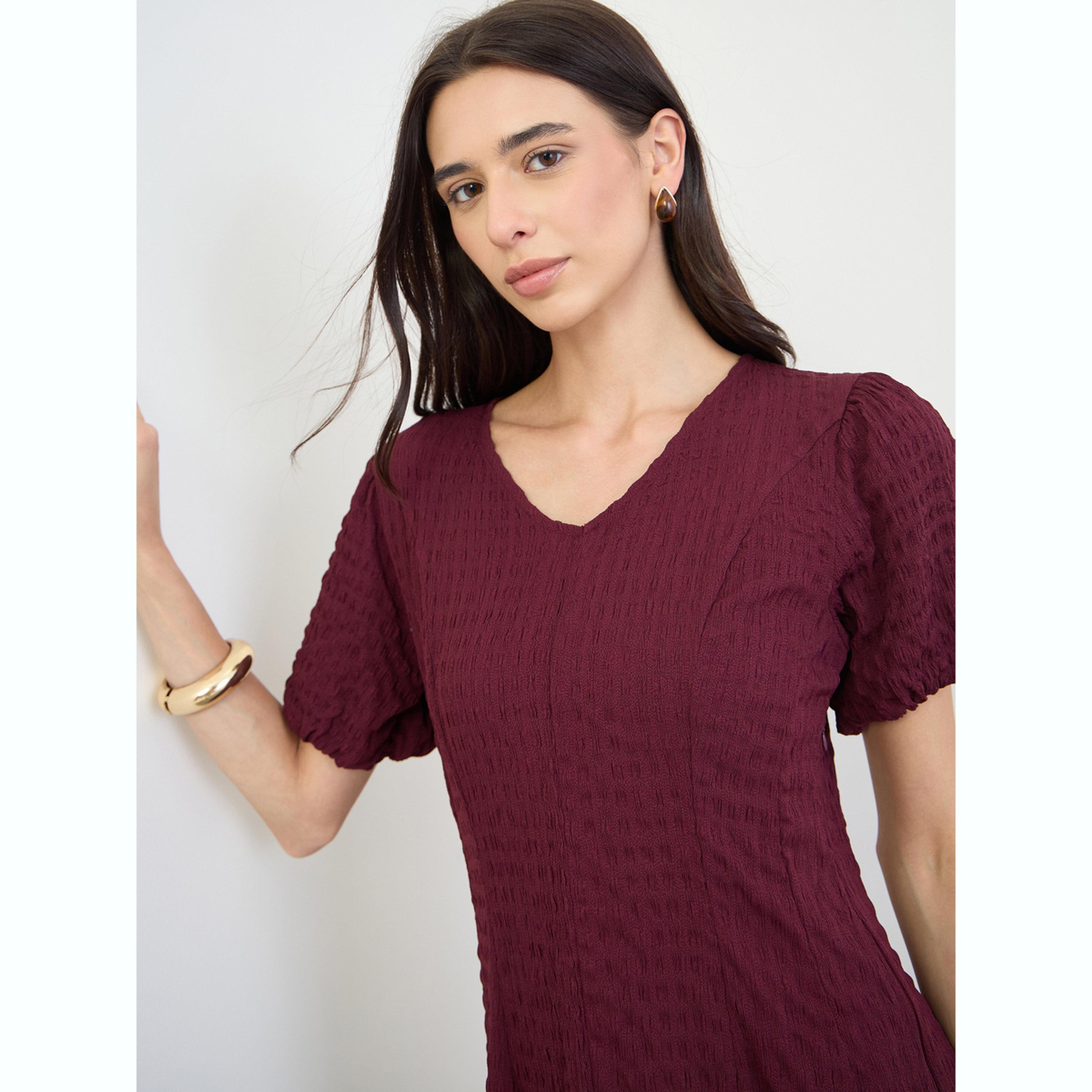 Styli Burgundy Textured A-Line Midi Dress-women-clothing-dresses-image-5