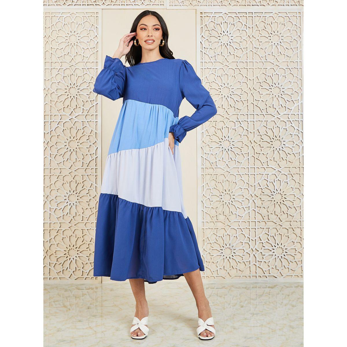 Styli Colorblock Gathered Detail Tiered Midi Dress-women-clothing-dresses-image-1