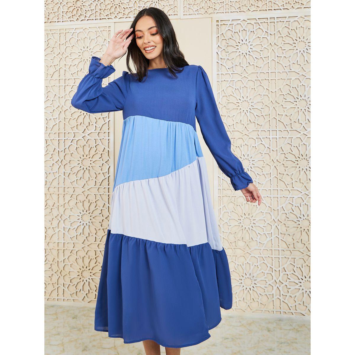 Styli Colorblock Gathered Detail Tiered Midi Dress-women-clothing-dresses-image-2