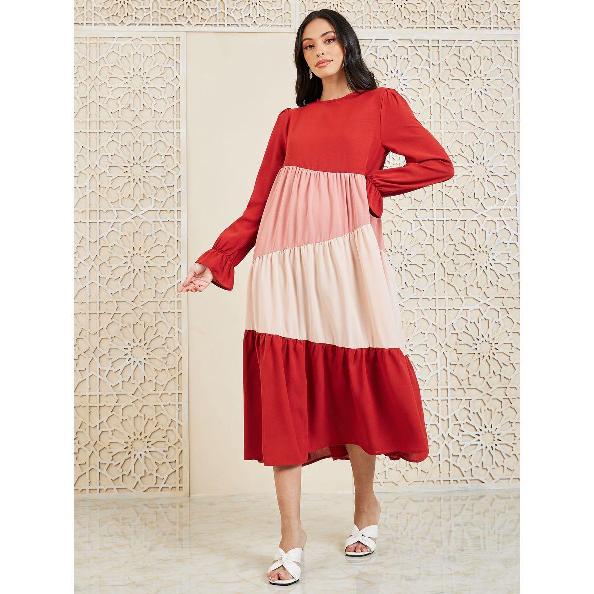 Styli Colorblock Gathered Detail Tiered Midi Dress-women-clothing-dresses-image-1