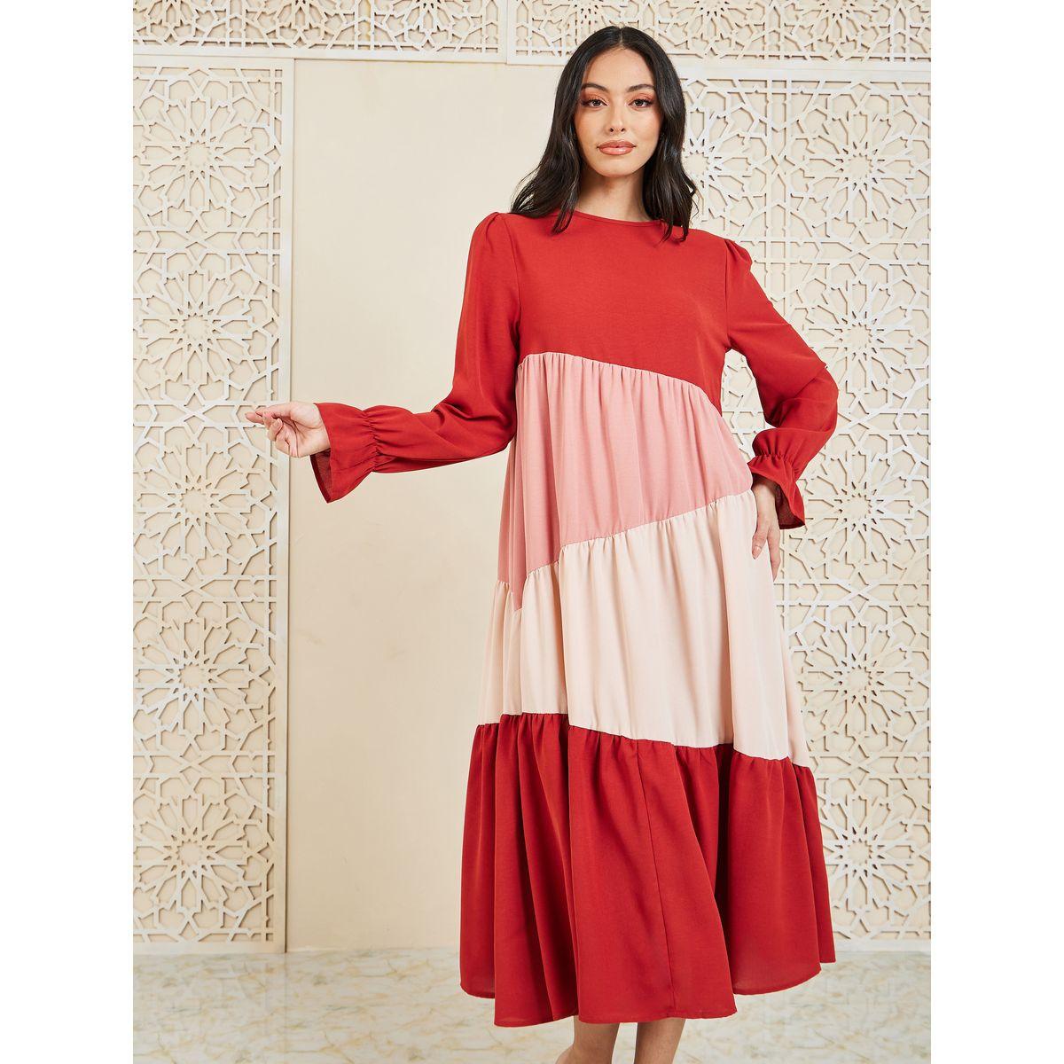 Styli Colorblock Gathered Detail Tiered Midi Dress-women-clothing-dresses-image-2