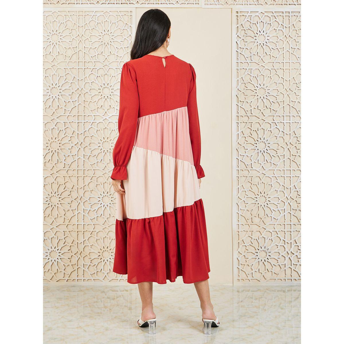 Styli Colorblock Gathered Detail Tiered Midi Dress-women-clothing-dresses-image-4
