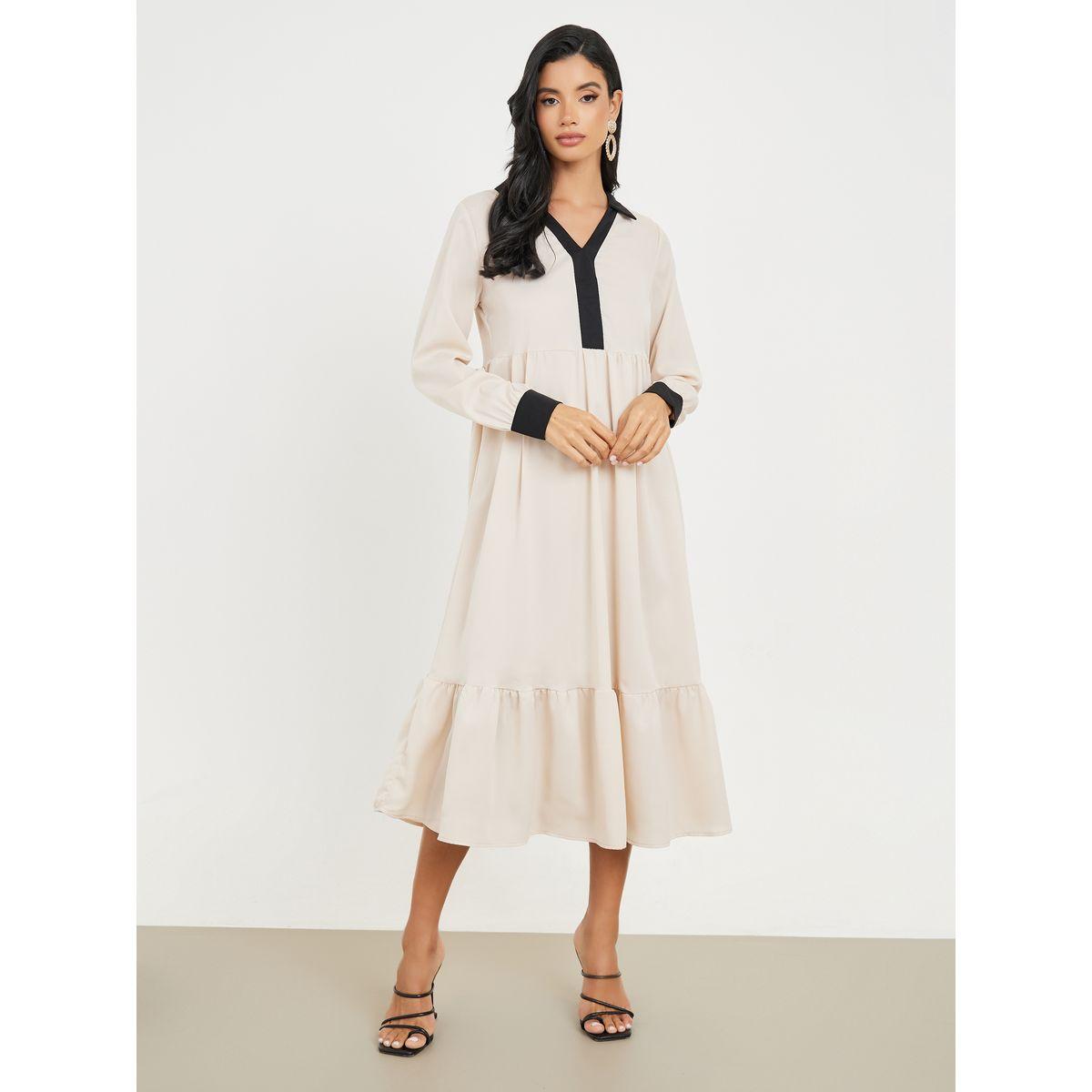 فستان ميدي بياقة طويلة واكمام بأساور-women-clothing-dresses-image-1