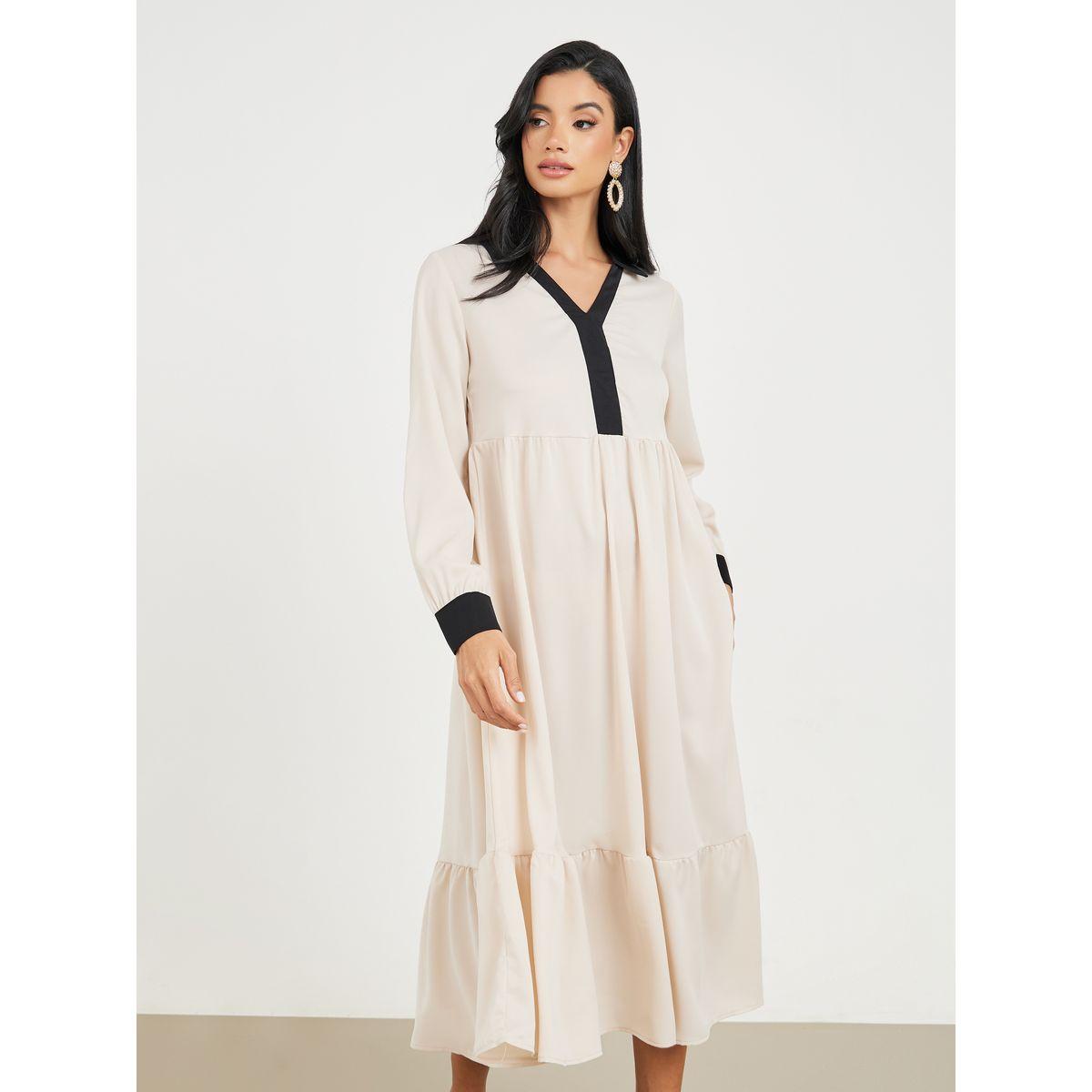 فستان ميدي بياقة طويلة واكمام بأساور-women-clothing-dresses-image-2