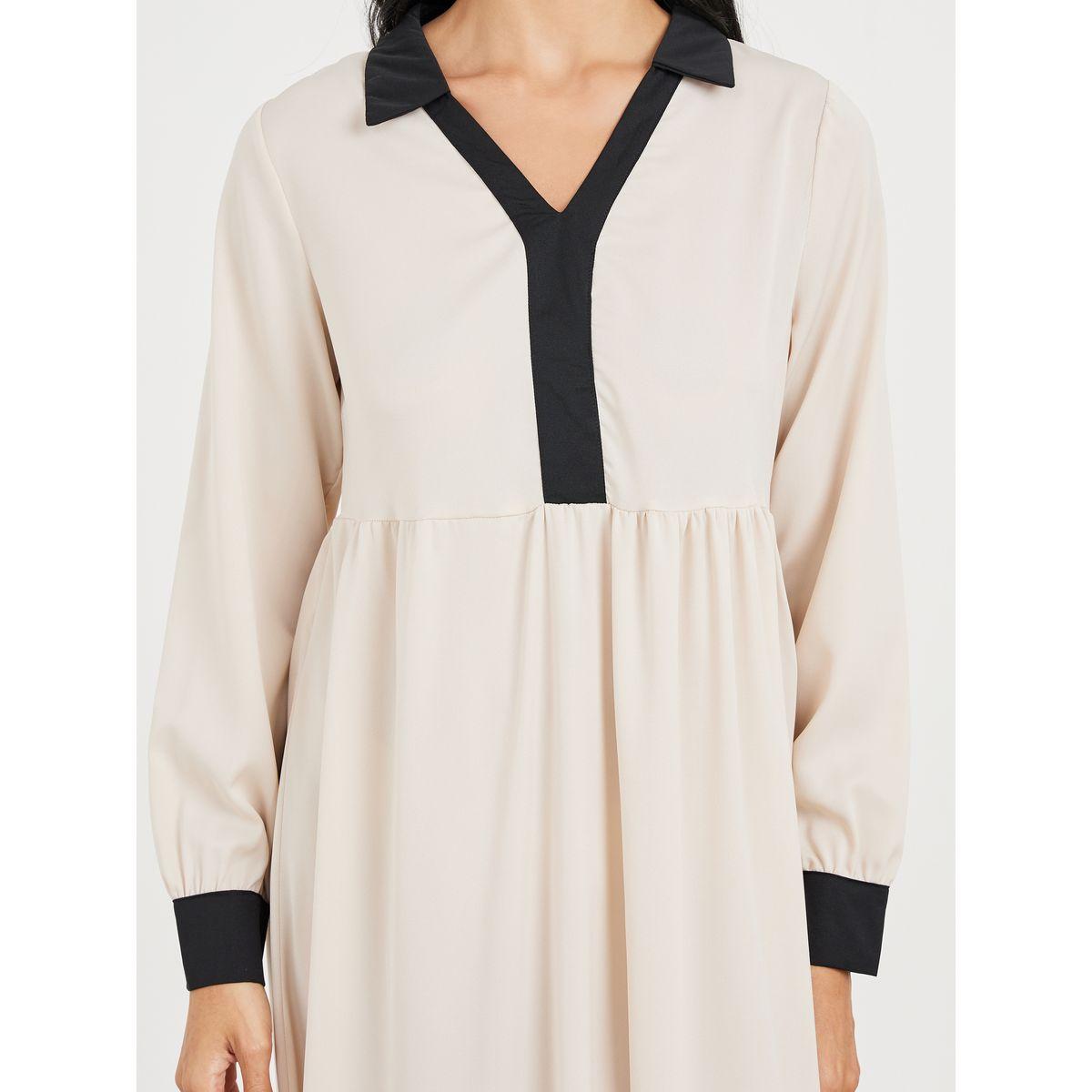 Styli Contrast Cuffed Sleeves Collared Neck Shift Midi Dress-women-clothing-dresses-image-3