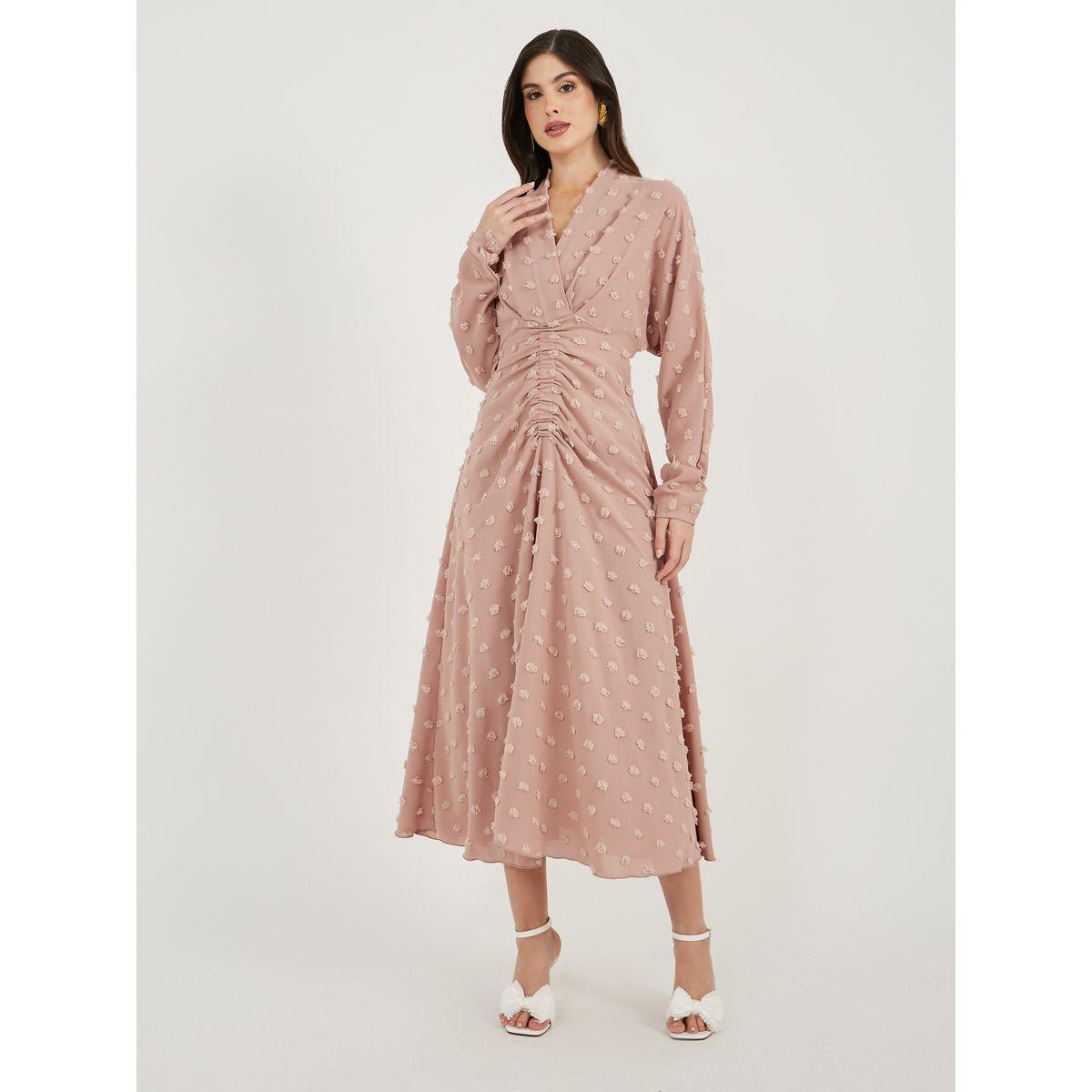 Dobby Long Sleeve A-Line Dress with Ruched-women-clothing-dresses-image-2